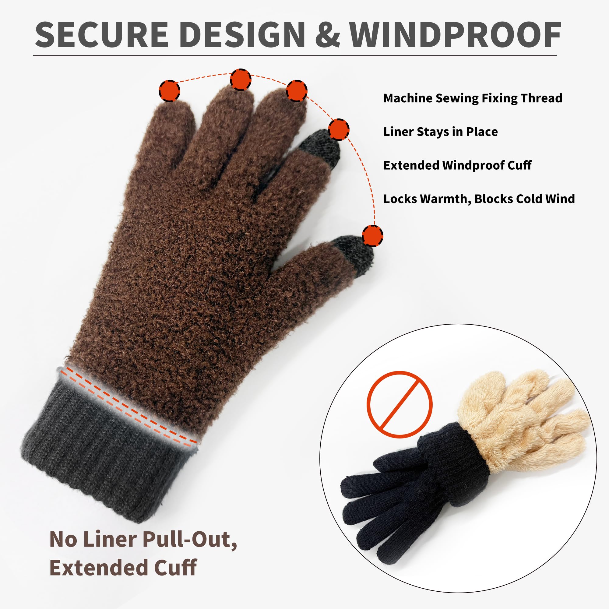 Origem Guanti Invernali Termici da Uomo Donna Touchscreen, Lana Lavorato a Maglia Fodera in Pile Guanti Caldi, Antiscivolo Tempo Freddo Guanti da Corsa Bici Guida Per Sci Moto Spostamenti All'aperto