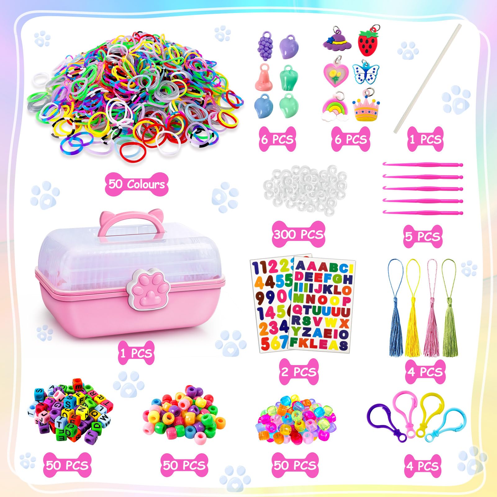 ROSHUKG Kit de 50 Colores para Gomas Elásticas con de 3 Capas, DIY Gomas para Hacer Pulseras para Niños, Niñas, Regalo para Tejer