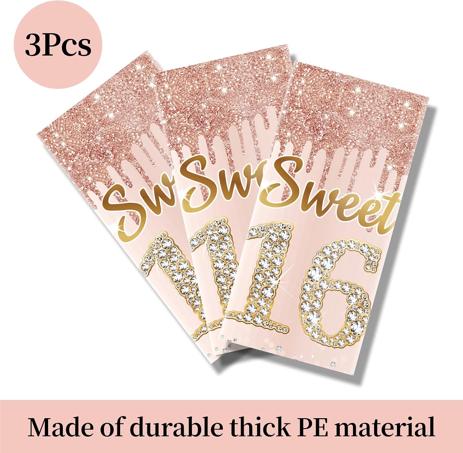 Sweet 16 Pink Rose Gold Birthday Tablecloth Decorations - 3 Pack, Sixteen Year Plastic Disposable Rectangular Table Cloth Decor