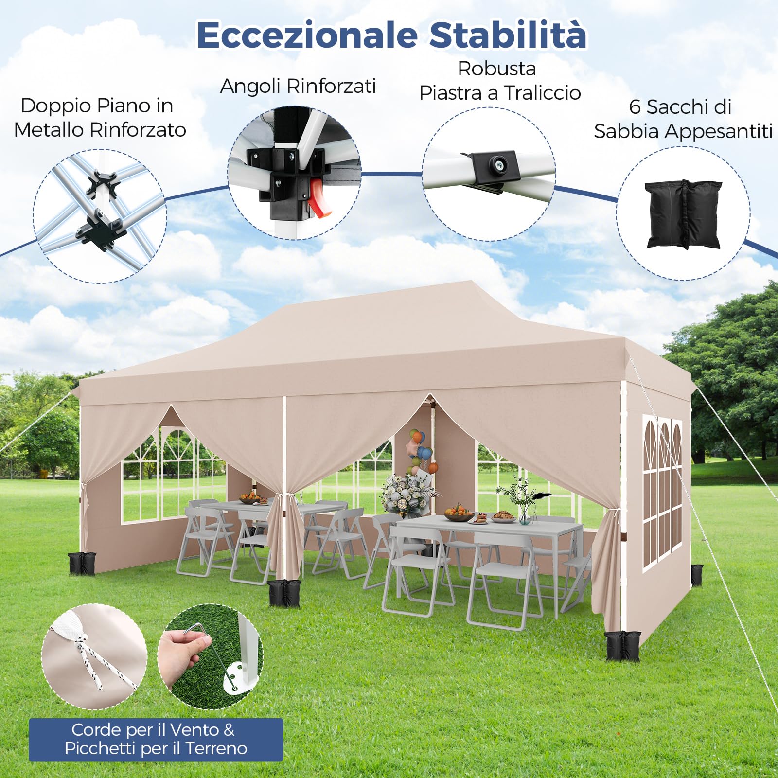 COSTWAY Gazebo da Giardino 3 x 6 m, Tendone per Feste con 6 Pannelli Laterali Rimovibili, con Borsa da Trasporto, Design Pop-up, per Matrimonio Eventi e Barbecue (Beige)