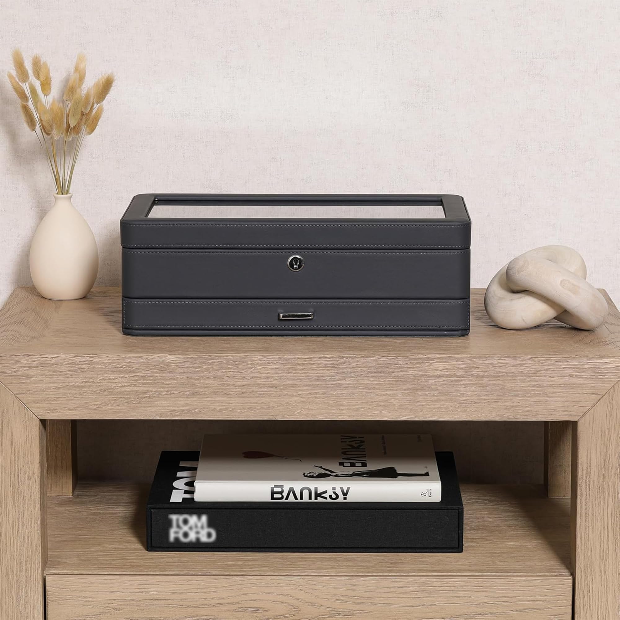 ROTHWELL Caja de reloj de lujo para 12 relojes, caja de reloj de piel sintética con tapa de cristal real, cajón deslizante para accesorios con múltiples compartimentos (carbono)