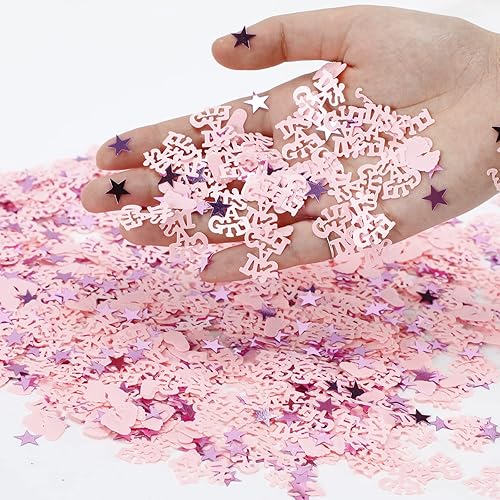 Miniatura 3 de It's a Girl Table Sequins Pink Baby Footprint Star Table Confetti para decoración de baby shower, suministros de fiesta de cumpleaños de bebé (1.6