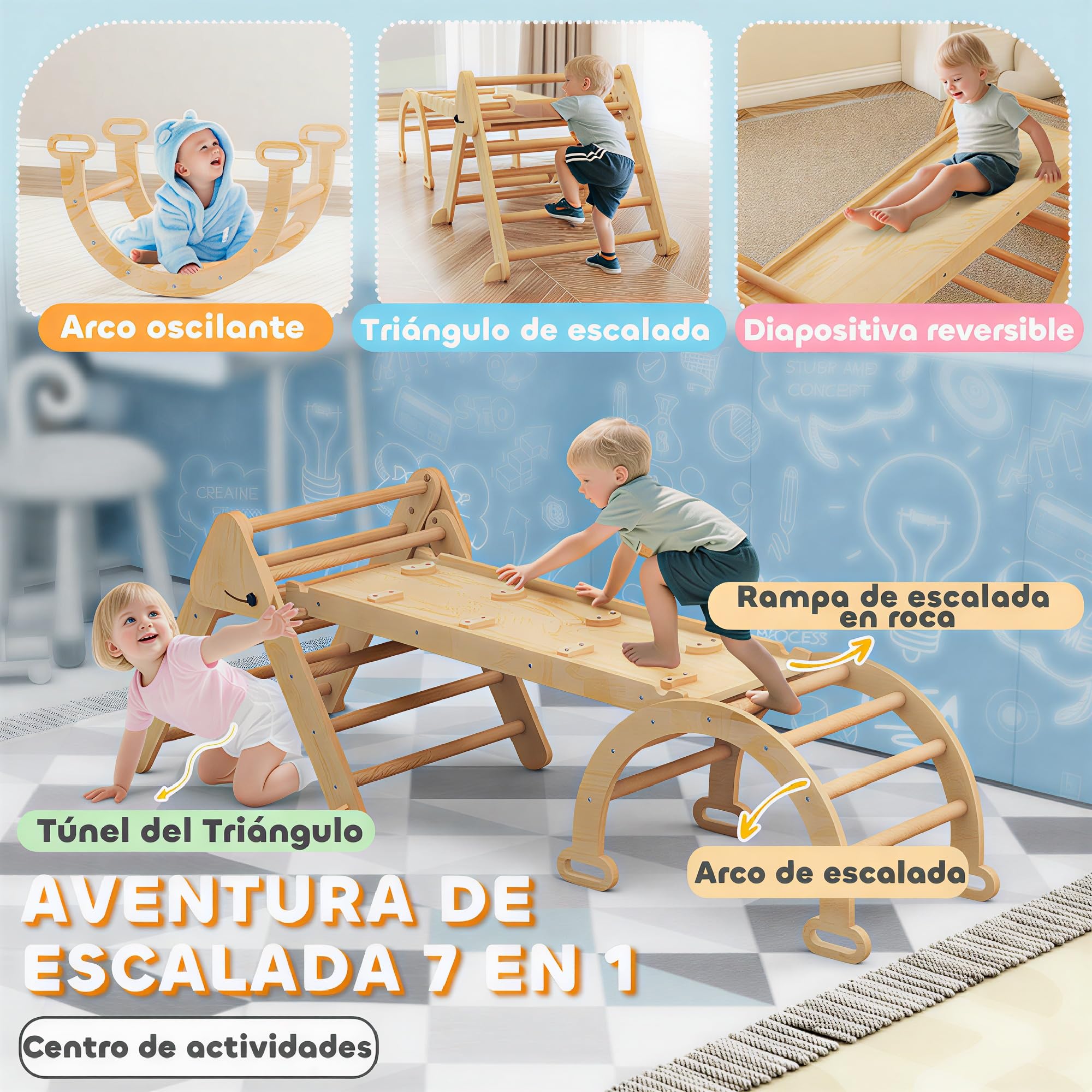 AIYAPLAY 7 en 1 Triángulo de Escalada Montessori con Arco y Rampa, Escalada para Niños de Madera Plegable, para 18-48 Meses, para Deslizarse o Escalar, 188x70 cm, Natural