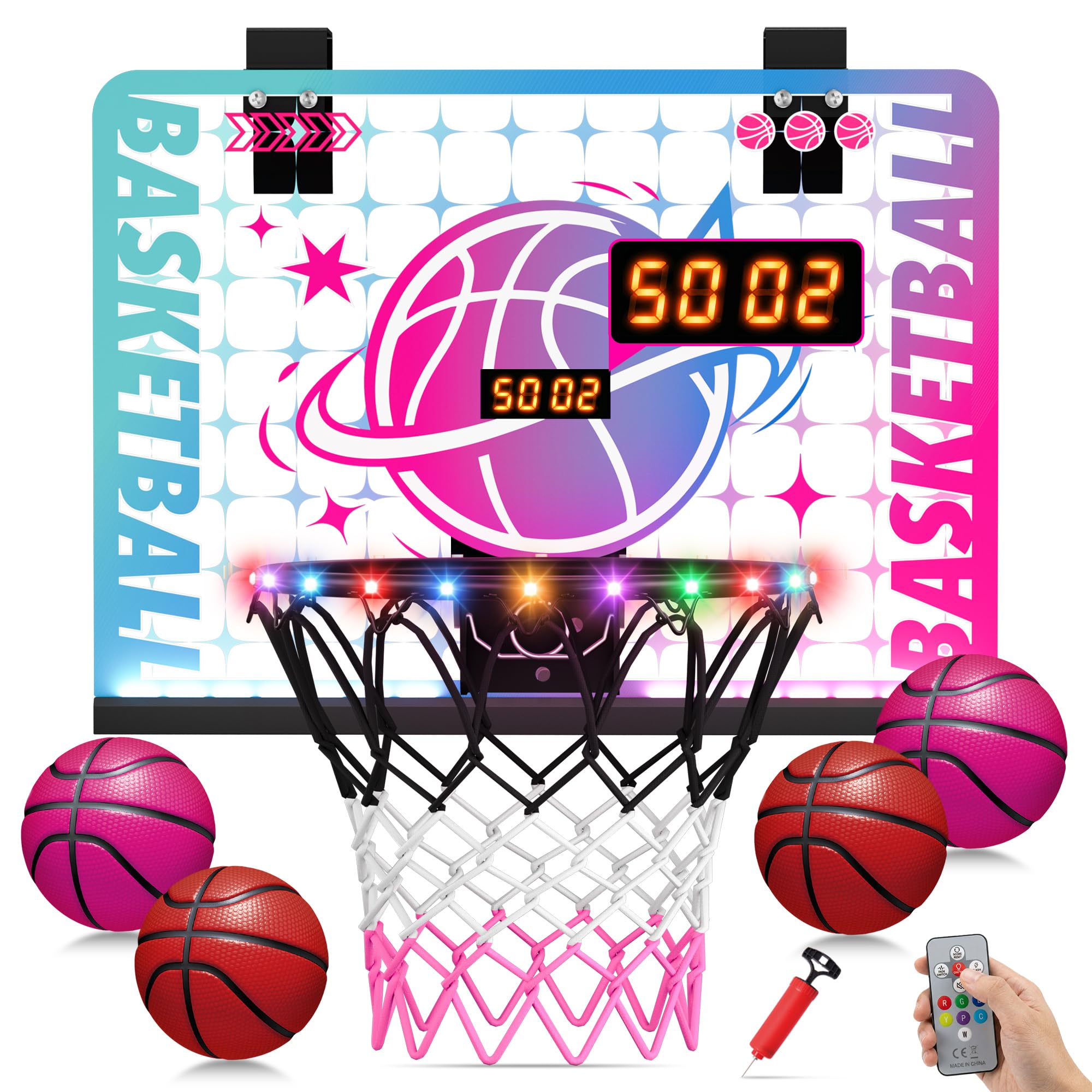 ROPODA Basketballkorb Indoor für Kinder, Mini Basketballkorb mit LED-Licht, Fernbedienung & Anzeigetafel, Basketball Korb Basketballspielzeug für Jungen Mädchen Jugendliche ab 3 Jahren