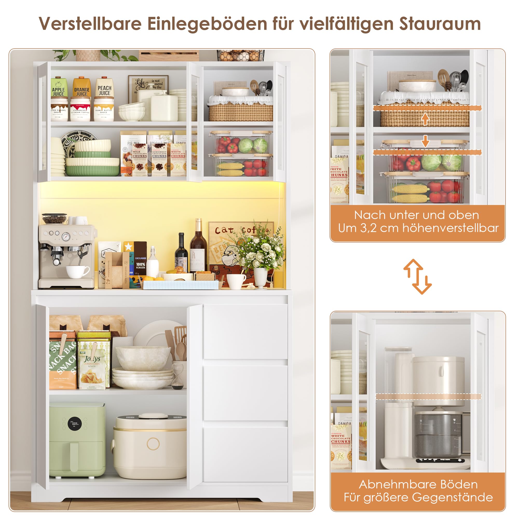 FirFurd 180 cm Küchenschrank Buffetschrank mit LED & Steckdosenleiste Vorratsschrank mit verstellbaren Einlegeböden Küchenschrank mit Arbeitsplatte Sideboard für Küche, Esszimmer 180x100x38,5 cm Weiß