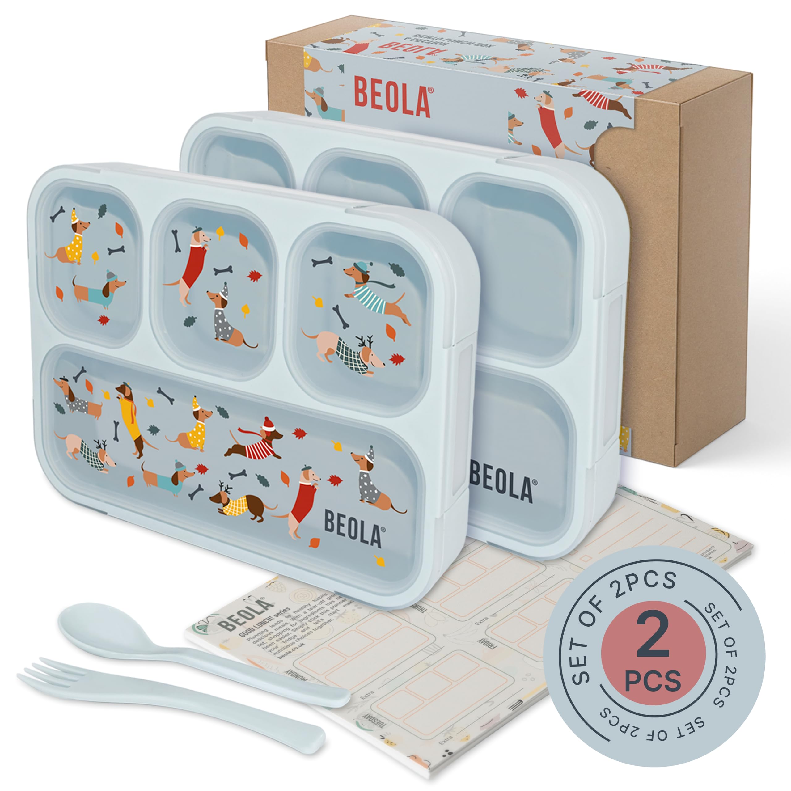 BEOLA Lunch Box for Kids Adults, Multi Compartment Lunch Bento with Magnetic Meal Planner, 3 or 4 Compartment Snack Box, BPA free, with Cutlery Set (Set of 2, Doxie Dots)