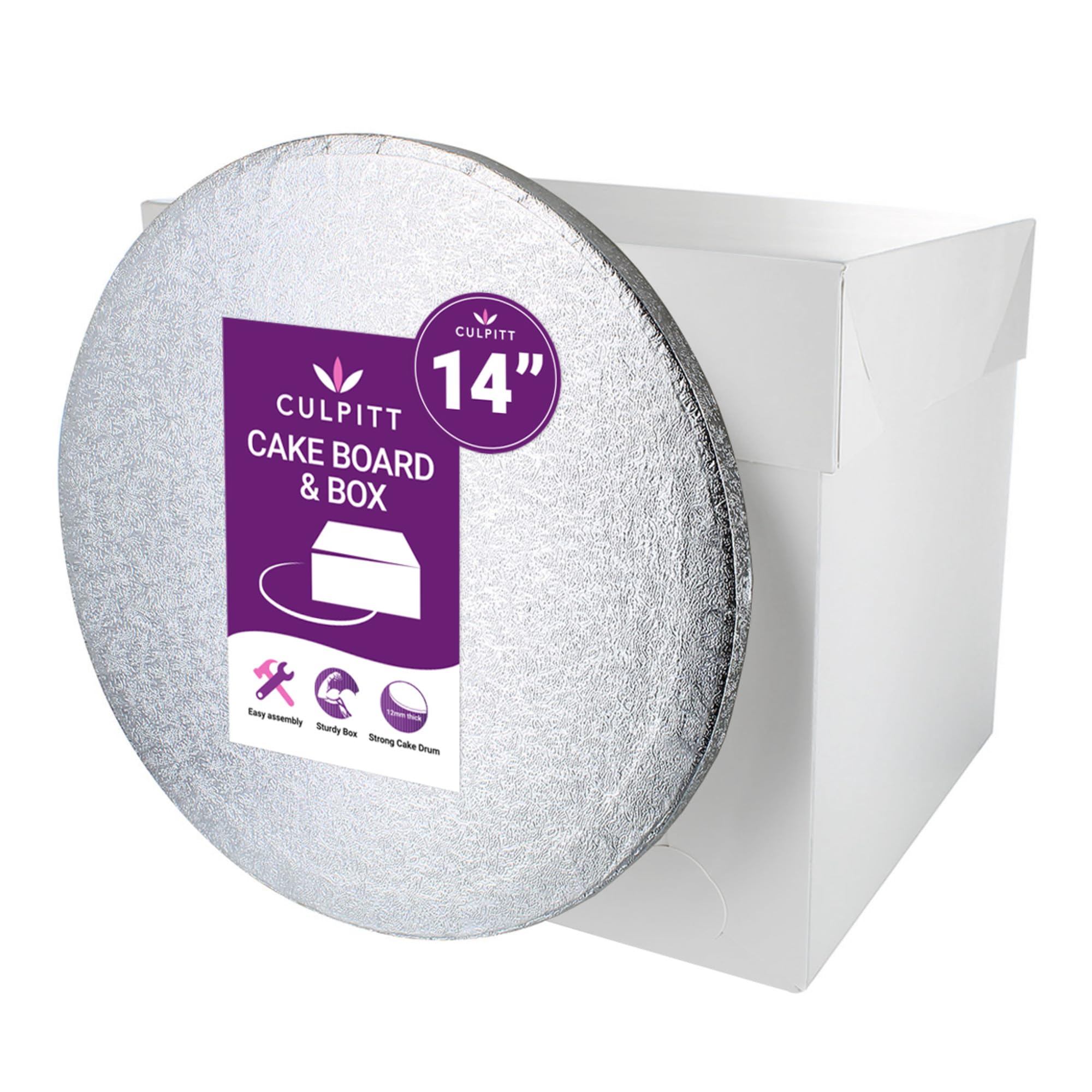 Culpitt 14" Round Silver Cake Drum Board & Tall White Box Combo, 14 x 14 x 12 Inch Square Box and Matching Circle Set for Tiered or Decorated Transport