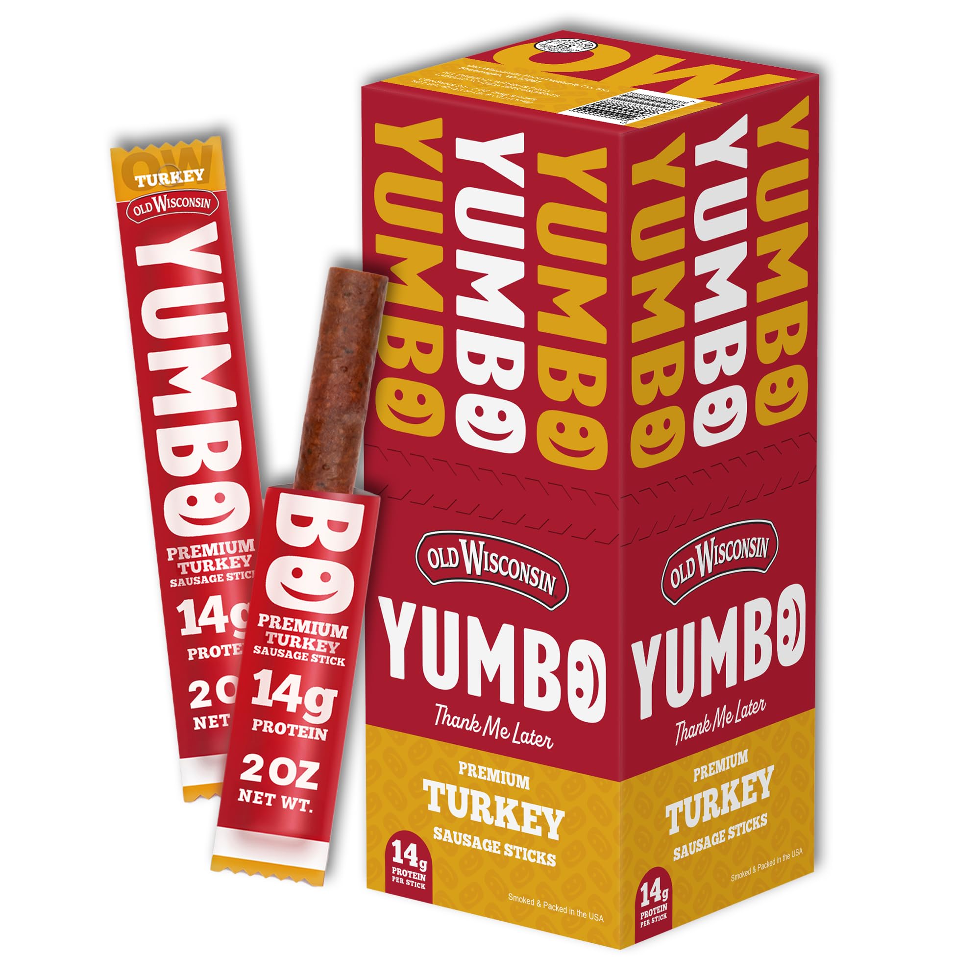 Old Wisconsin Yumbo Summer Sausage Snack Sticks, Ready to Eat, High Protein, Low Carb, Keto, Gluten Free, 20 Individually Wrapped 2oz Sticks, Turkey