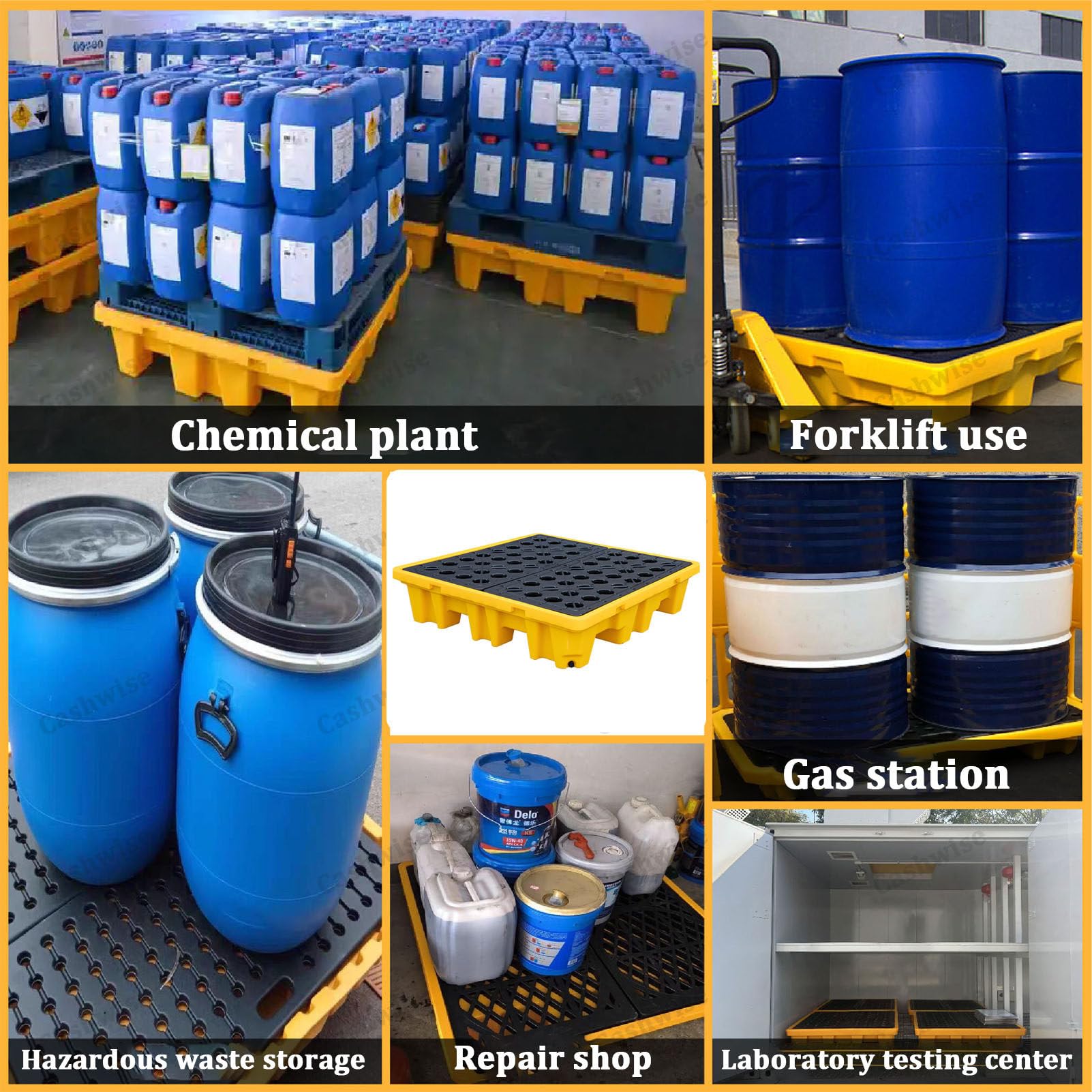 Palette modulaire de confinement des déversements pour stockage industriel de barils de pétrole – Solution robuste et écologique pour une gestion sûre des matières dangereuses