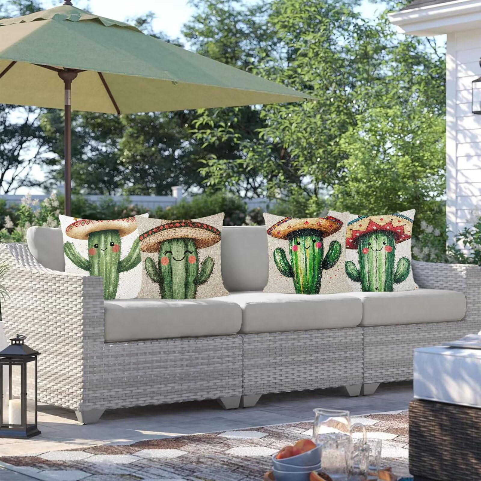 Cuscini Per Divano 60x60cm Set di 4 Cuscini da Esterno Divano Cactus Cuscino Esterno Decorativo in Piazza Estate Lino Impermeabile Cuscino Outdoor Pillowcase, Decorazione Del Giardino Beige Z-9