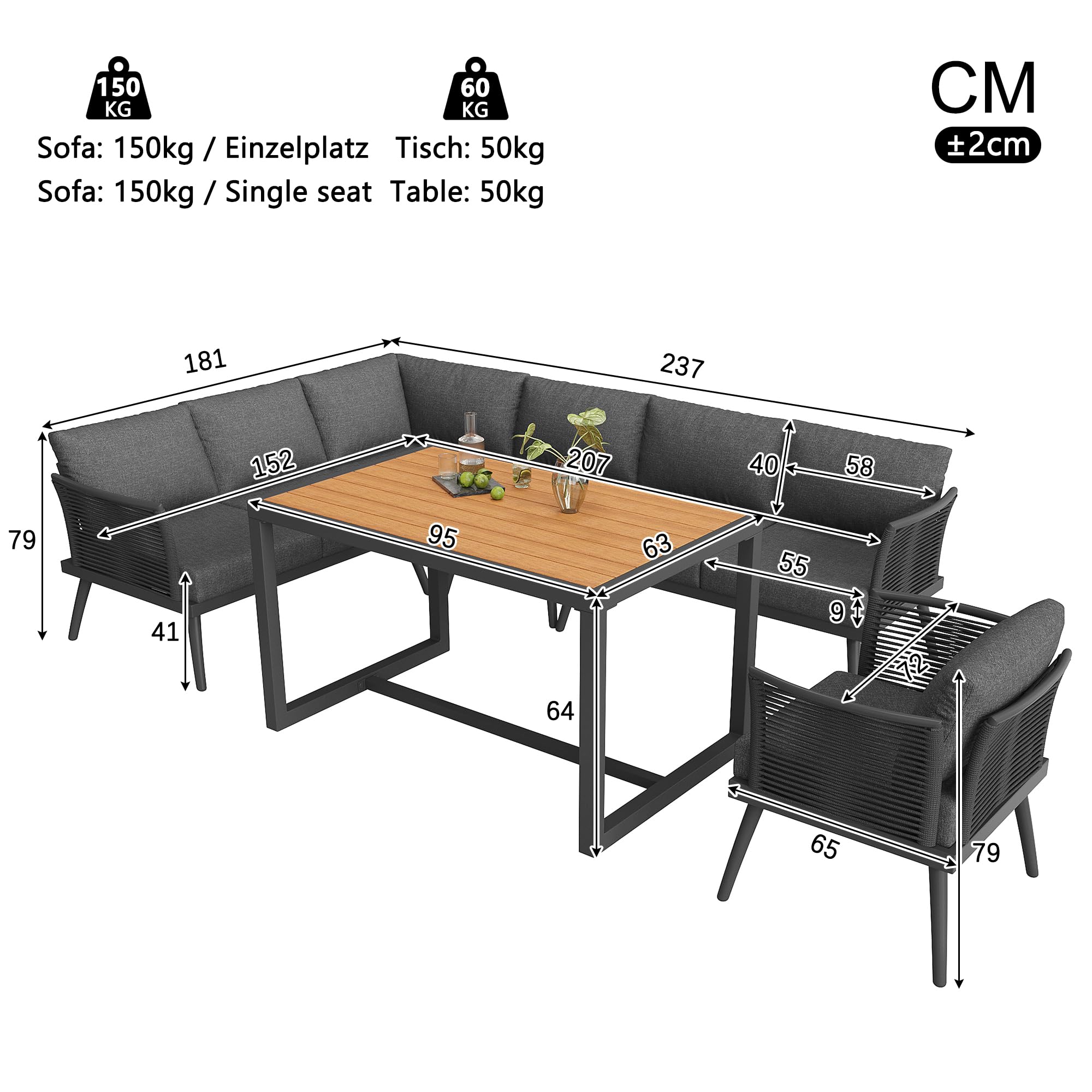 Moimhear Juego de sofá de jardín en forma de L de Siebenpersonen con reposabrazos trenzados, muebles de esquina de hierro resistentes a la intemperie, incluye mesa de centro de madera y sillón, con