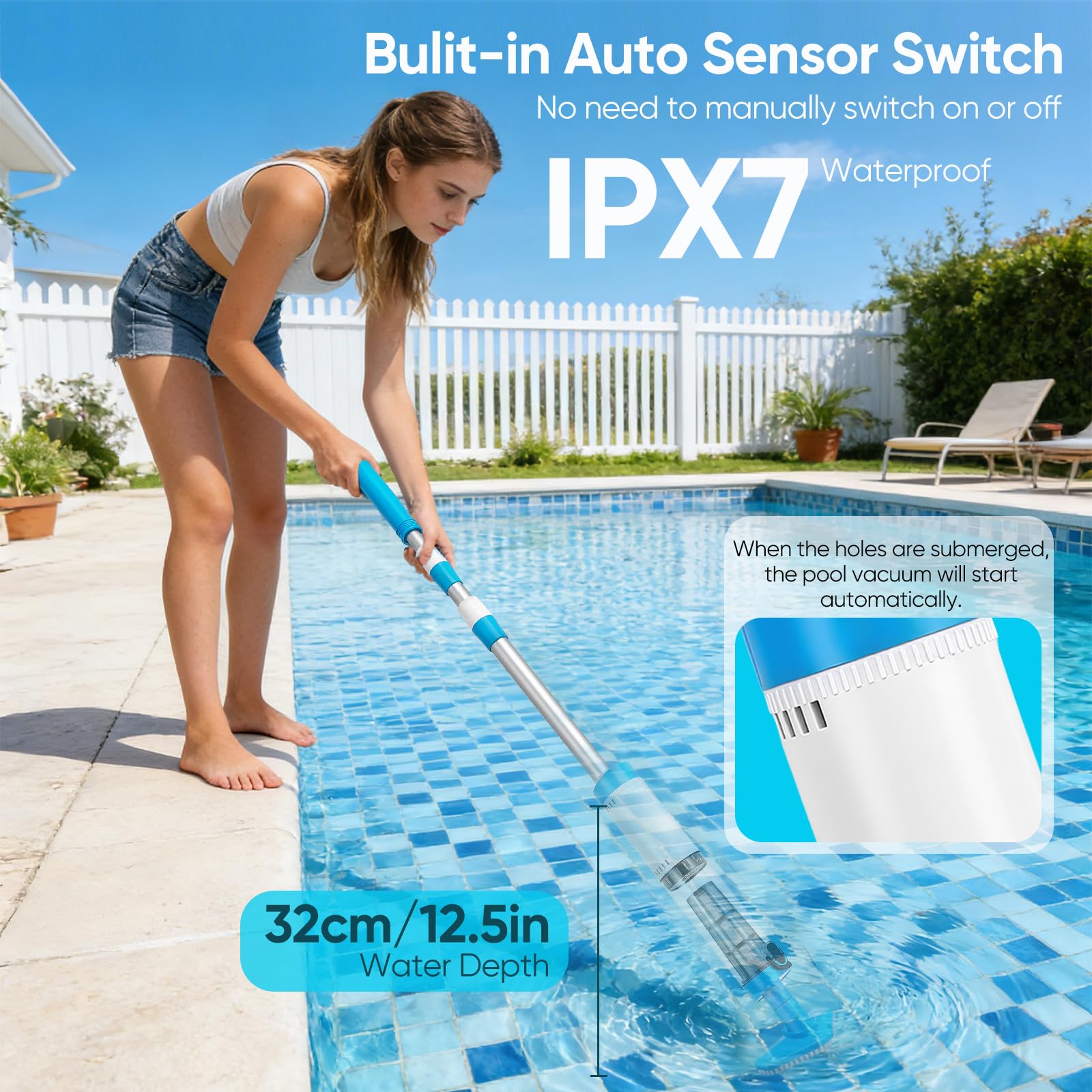 Aspirateur Piscine, 3 en 1 Aspirateur Spa Rechargeable avec Aspiration Puissante, Manche Télescopique de 103.5 à 162.5 cm, Capteur Automatique, 3 Têtes de Brosse pour Spas, Jacuzzis et Piscines