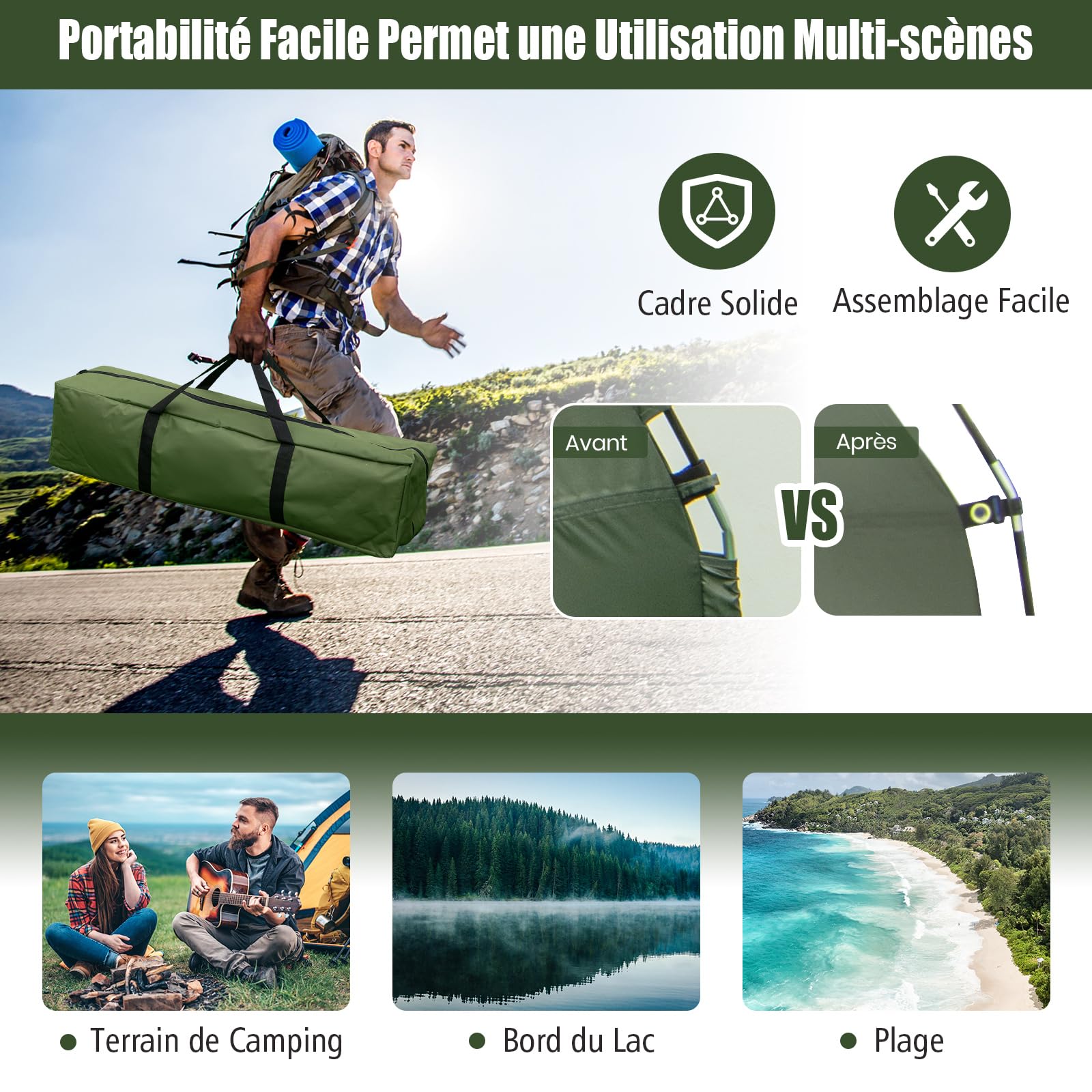 GOPLUS 5-en-1 Lit de Camping Pliant 1 Personne Adultes, Tente Pliante avec Auvent, Tente Surélevée Portable avec Matelas Oreiller Pneumatique et Sac de Couchage(87x194x167CM-Simple,Vert)