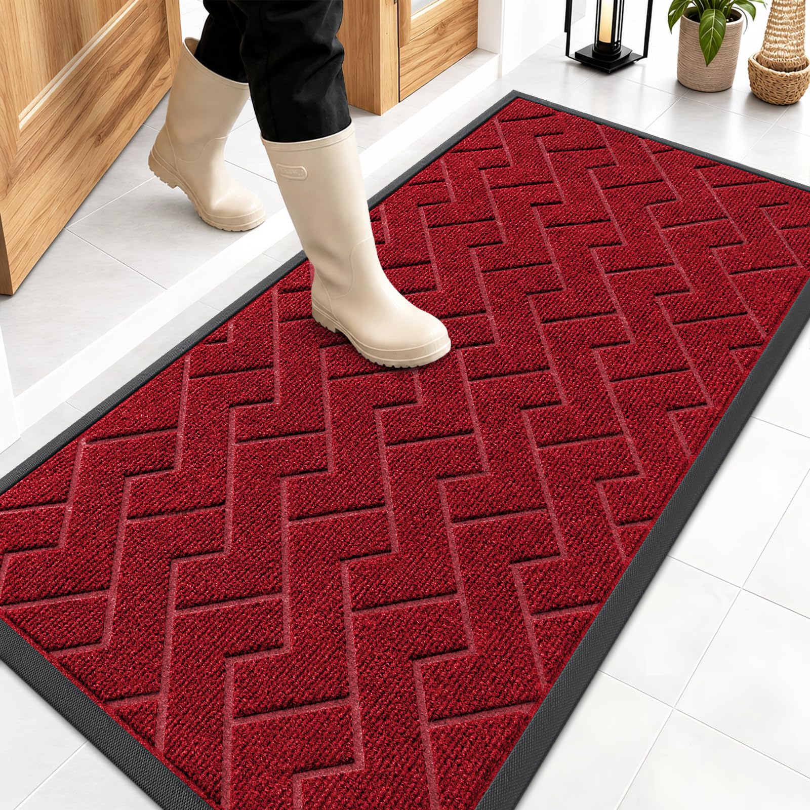 OLANLY Front Door Mat Outside 47x23, All-Season Absorbent Rubber Doormat | Wine Red, Heavy-Duty, Stain Fade Resistant, Waterproof Non-Slip Backing, Low-Profile Indoor Outdoor Floor Mat for Entryway