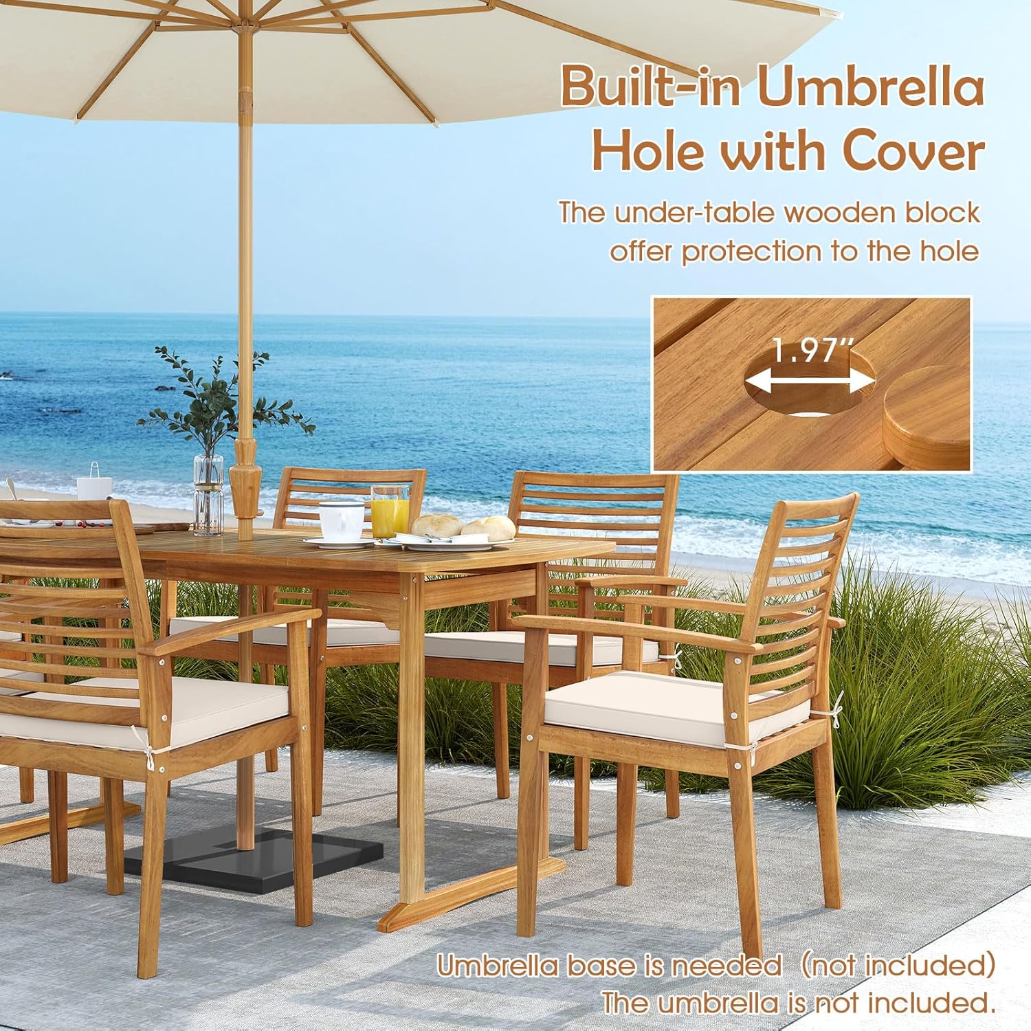 HAPPYGRILL 3 Pieces Acacia Wood Outdoor Dining Set for 4 People, Patio Table & Bench Set with Umbrella Hole, Outside Picnic Furniture