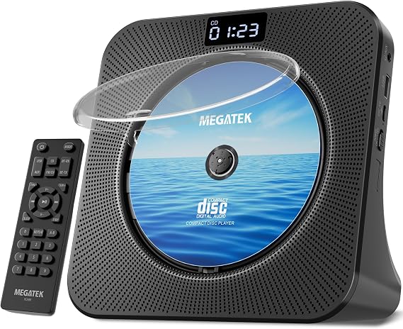 MEGATEK Portable CD Player Bluetooth for Home, Desktop CD Player with Stereo Speakers, FM Radio, USB, LED Display, AUX/Headphone Jack, Remote Black