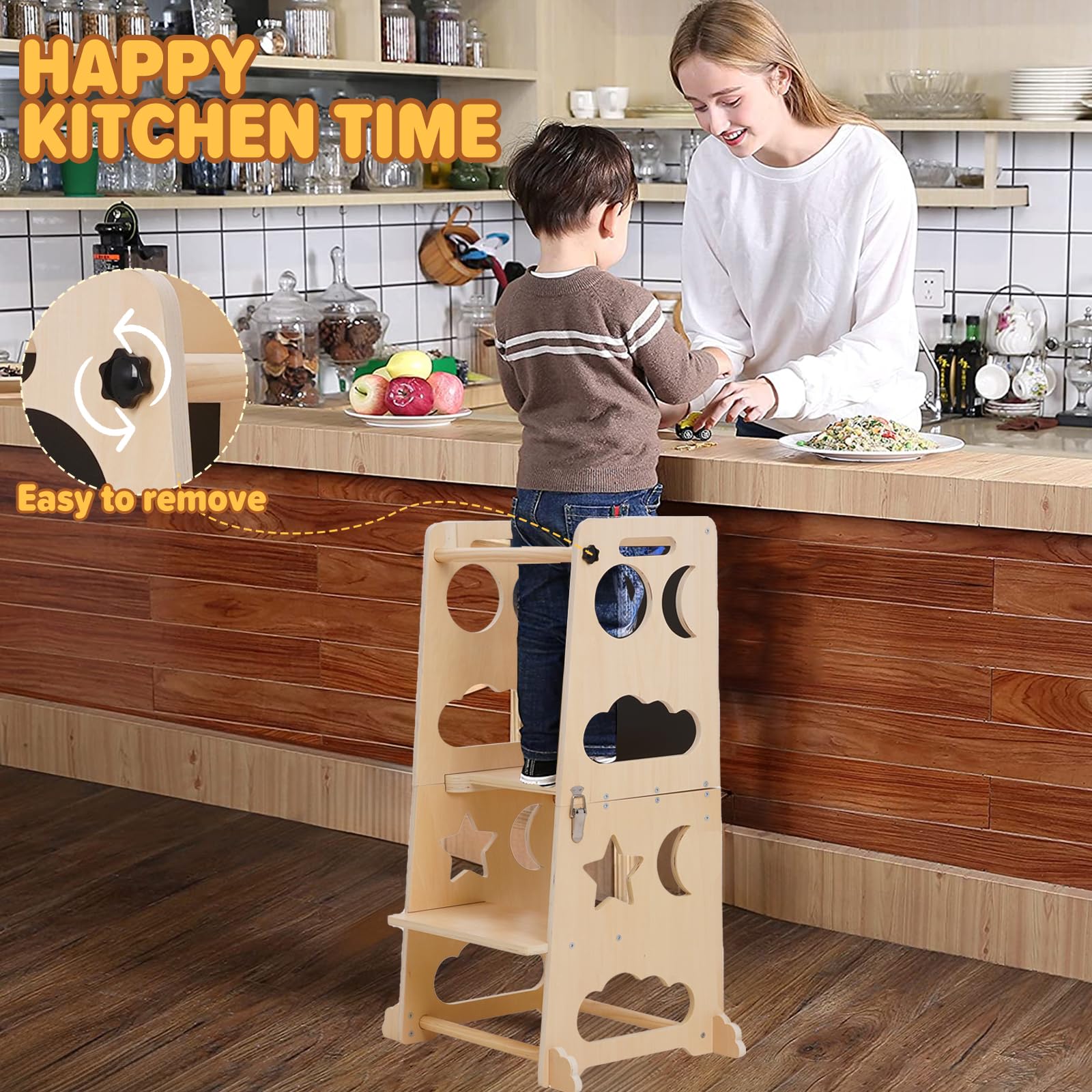 Montessori Lernturm für Kinder, 3 in 1 Learning Tower für Kinder Lernturm Klappbar Tritthocker mit Tafel, Küchenhocker-Helfer für Kinder, für Küchentisch und Badezimmer