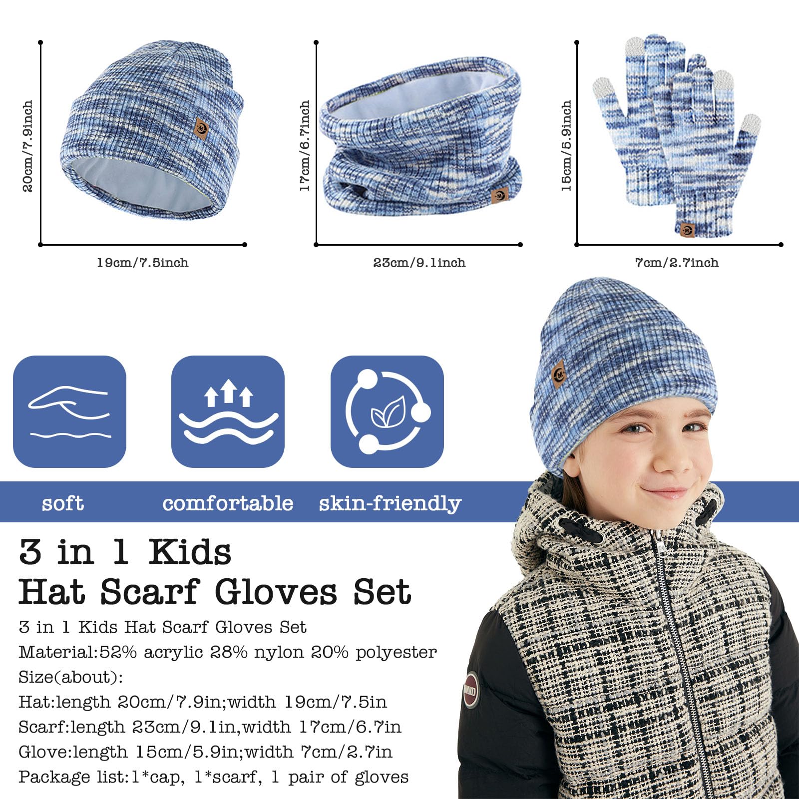 MARUKO Écharpe Bonnet Gants pour Enfants, Gants à Écran Tactile, Accessoires D'hiver, Cadeaux de Sport et D'extérieur