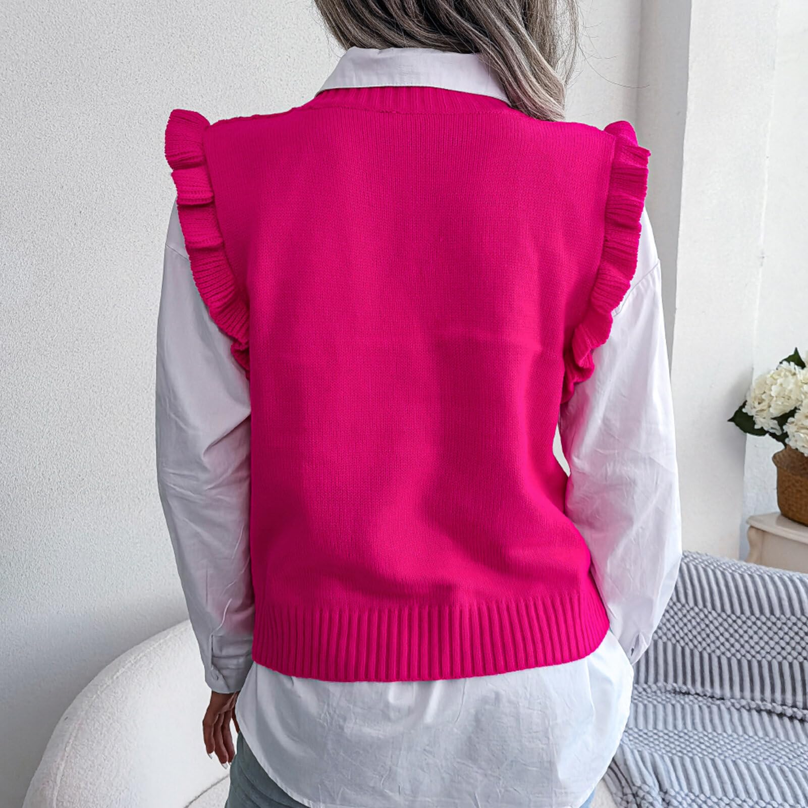 FEOYA Pulls Tricoté sans Manche Col V pour Femme Gilet en Tricot Chaud Classique Casual Mignon Décontracté Ample Vintage Débardeur Chandail Top Tricot Hiver Automne Printemps Noel S-XXL