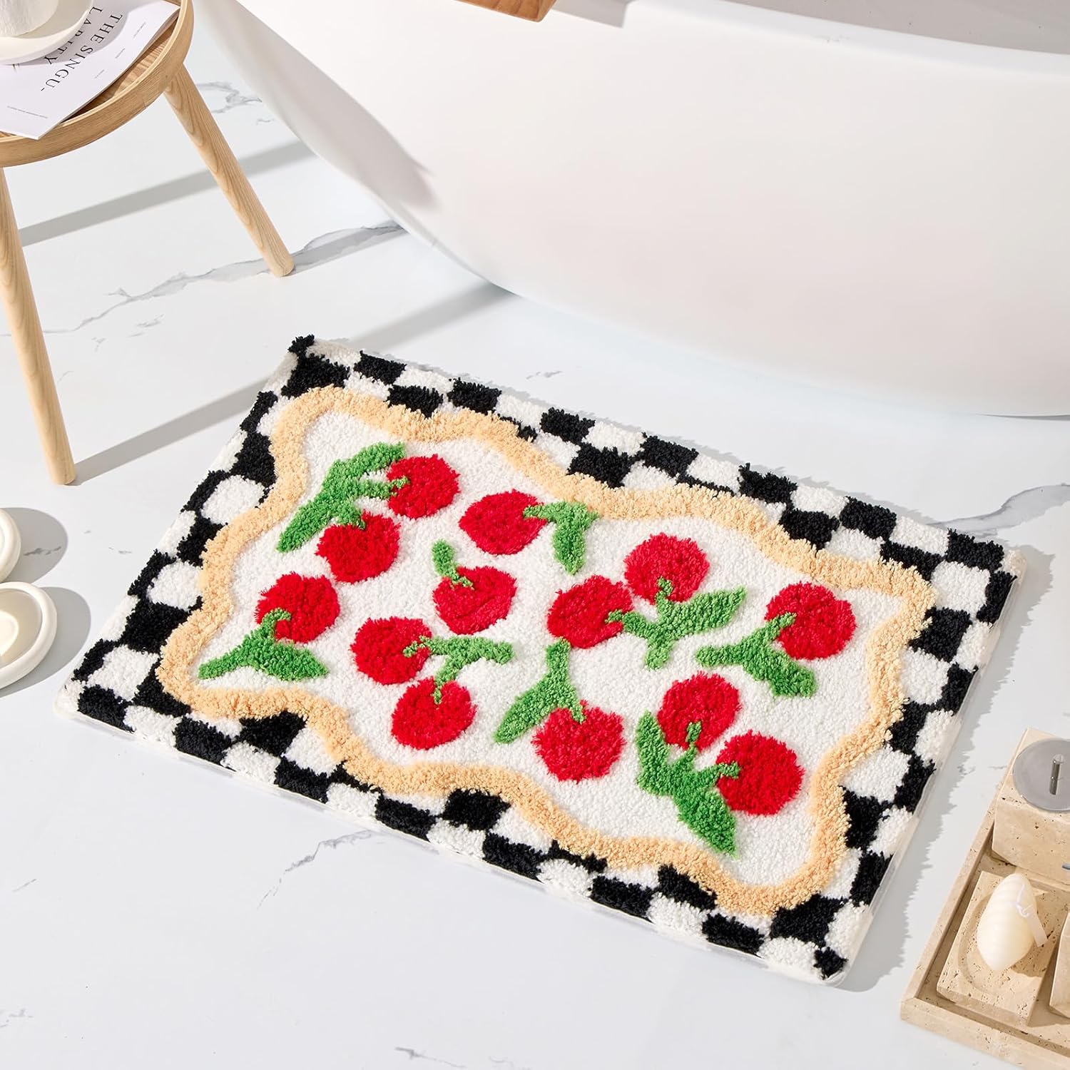 ORTIGIA Cute Checkered Bathroom Rug Red Cherry Bath Mat Soft Microfiber Non Slip Washable Absorbent Rugs for Laundry Sink Floor Decor, 20x32 inch