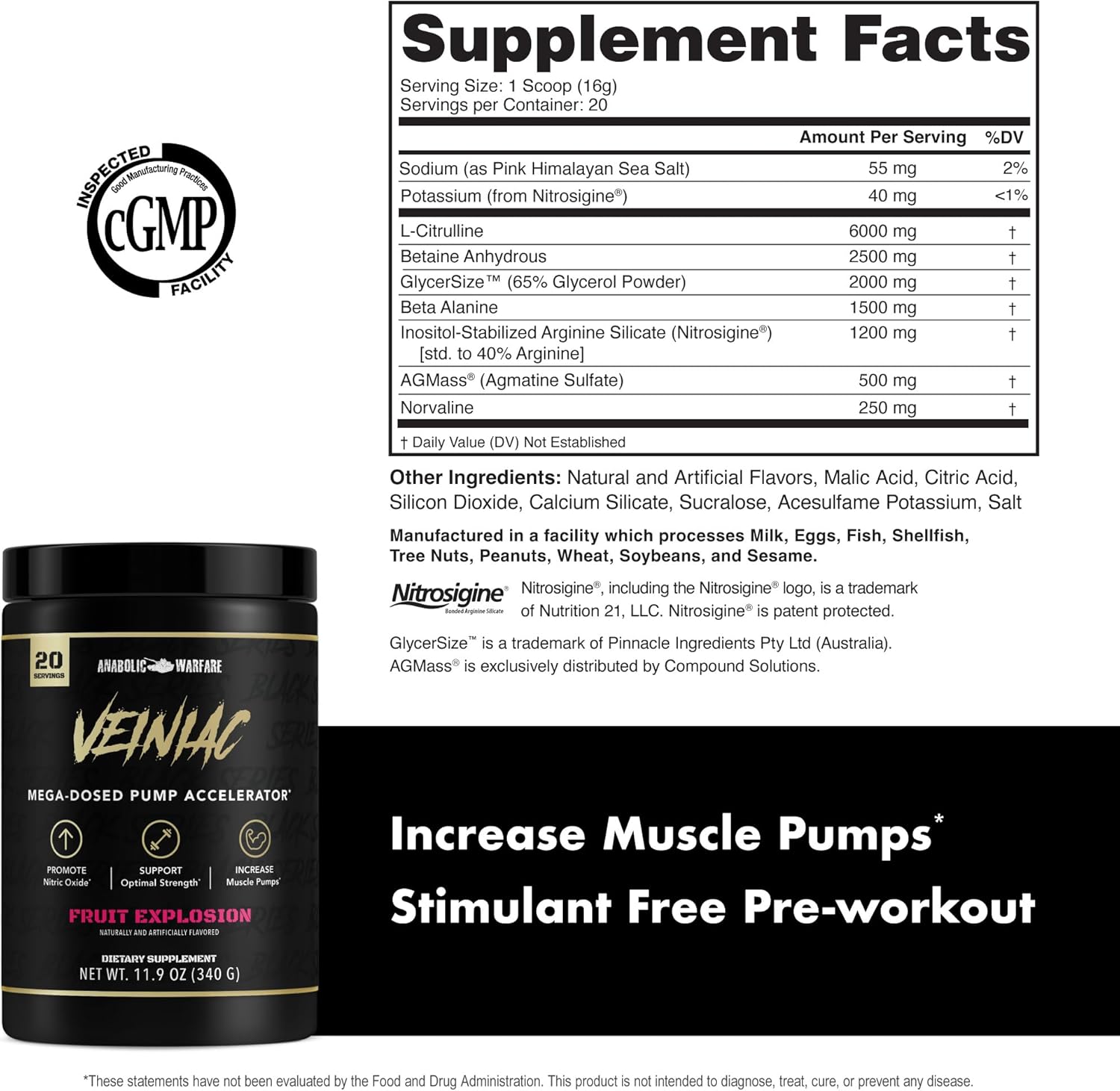 Anabolic Warfare Veiniac Muscle Pump Activator Supplement Stimulant Free Pre-Workout with L-Citrulline, Betaine Anhydrous, & Added AGMass™, Increases Nitric Oxide*, Fruit Punch 20 Servings