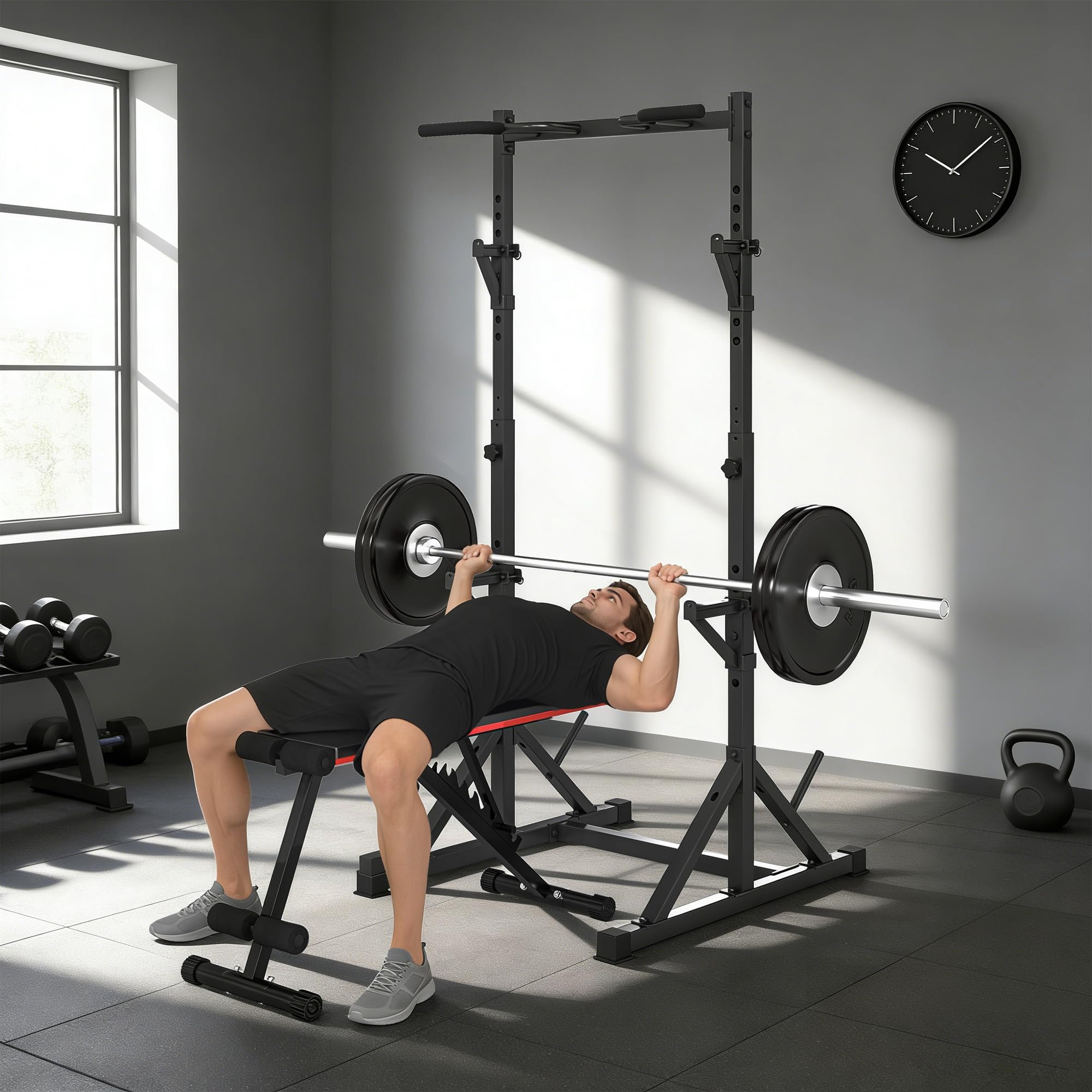 SPORTNOW Power Tower con Altezza Regolabile, Doppio Supporto Bilanciere, Rack Palestra con Pull Up Bar e Portadischi, Rack Bilanciere Multifunzione Allenamento per Palestra Casa Ufficio, Max 200 KG