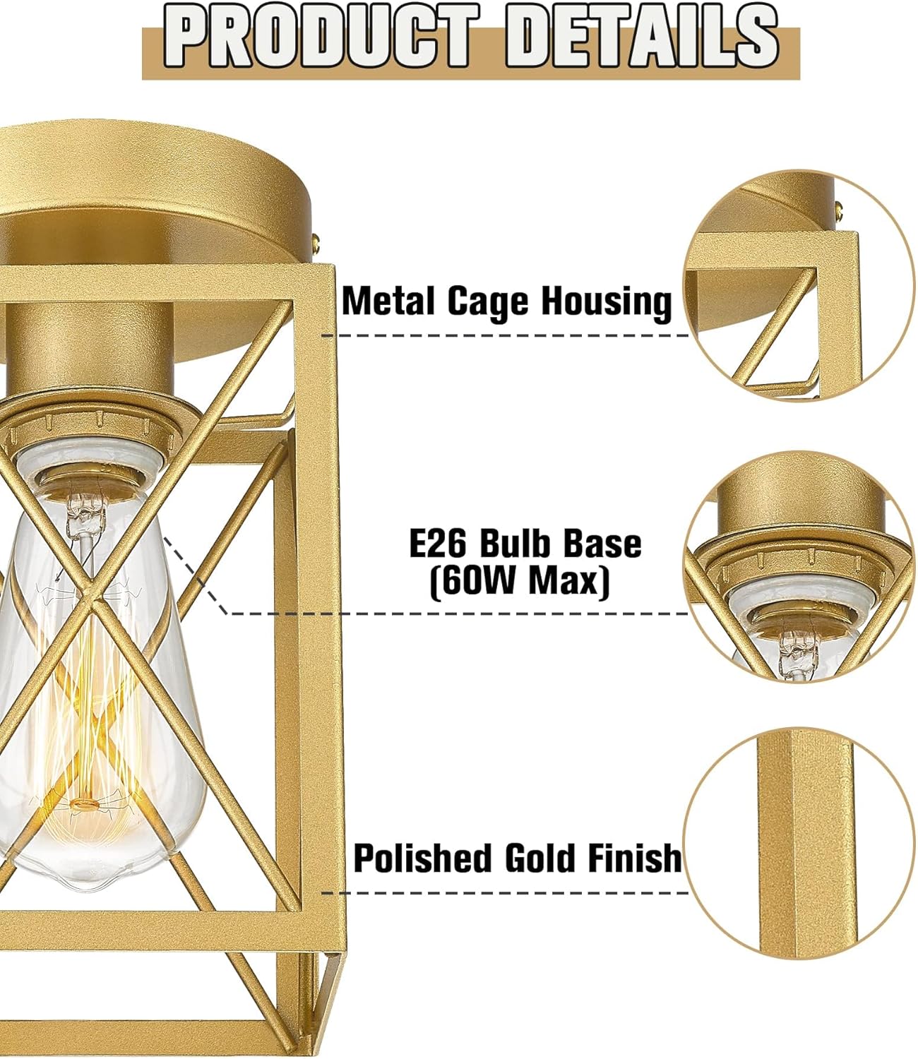 Semi Flush Mount Ceiling Light,Metal Cage Farmhouse Light Fixture Hardwired for Entryway, Hallway, Kitchen Over Sink, Bathroom,Laundry Room,Modern Industrial Vintage Style,Single E26 Bulb（Gold,1PK）