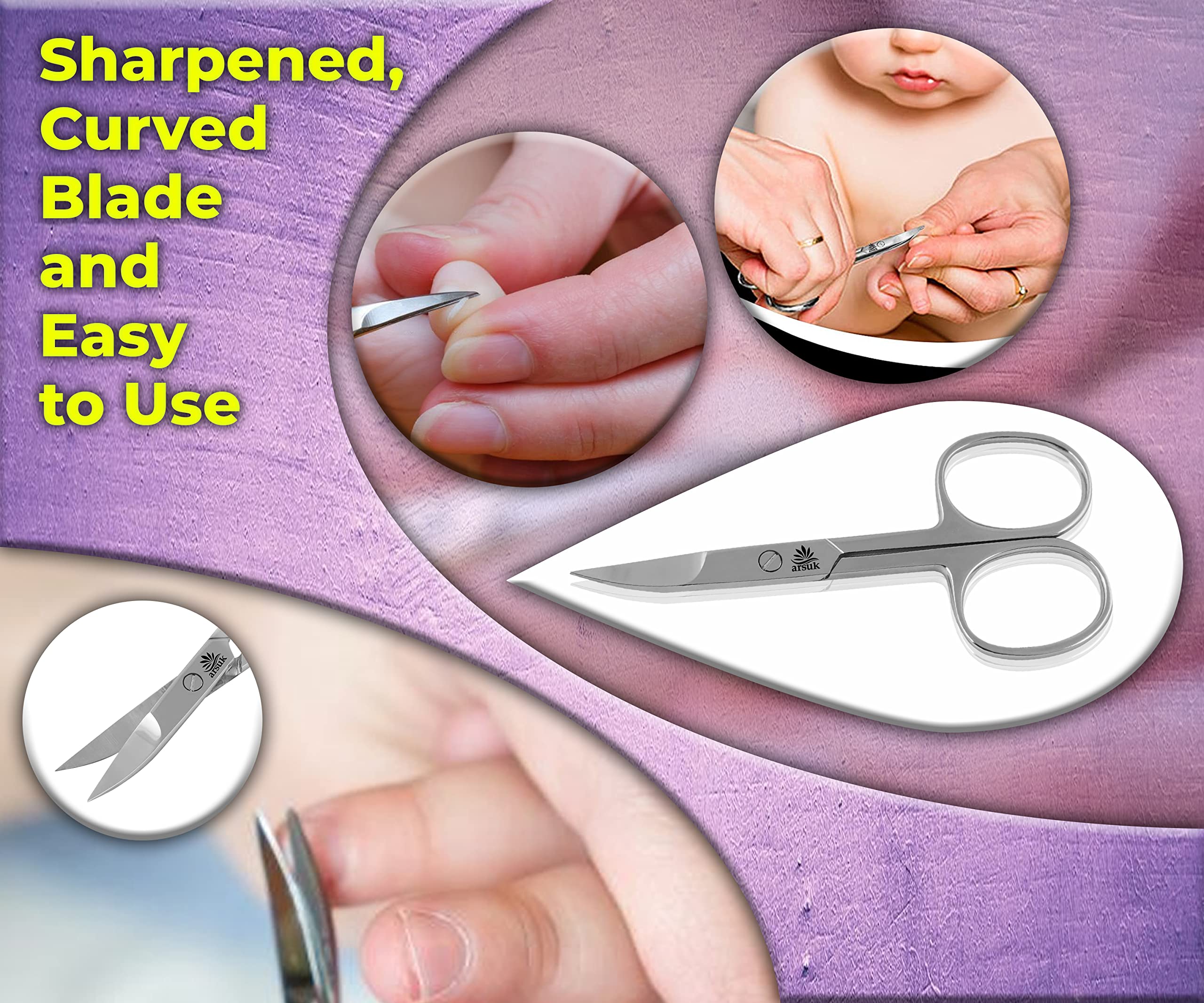ARSUK Ciseaux à ongles incurvés pour enlever les ongles des doigts et des orteils - Ciseaux à sourcils en acier inoxydable de qualité supérieure pointus