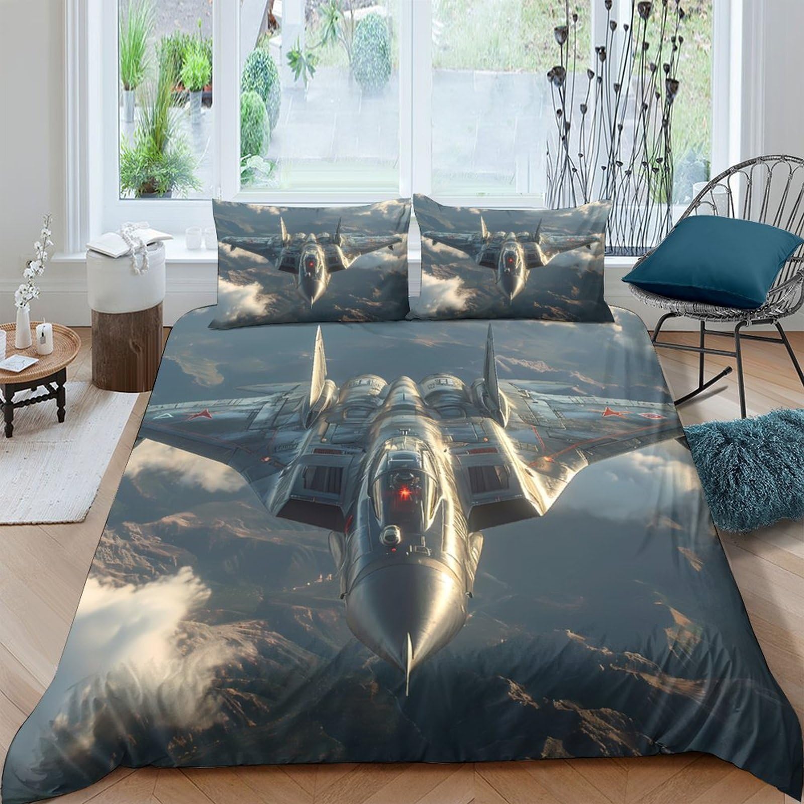 GPLZQXKJNH 3D Printed Fighter Jet Duvet Cover Microfiber Soft Breathable Cloud Sky Bedding Set with 2 Pillowcases for Bedroom Decor Single（135x200cm）