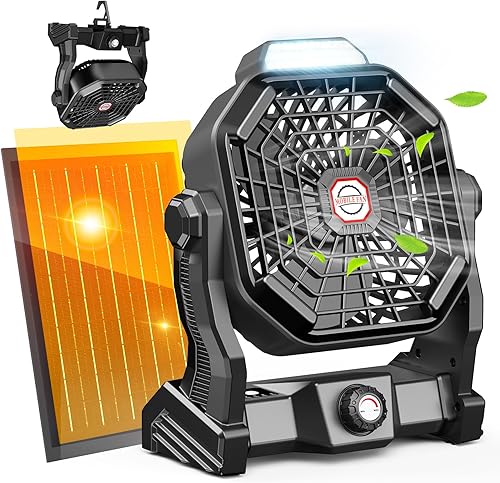 Miniatura 1 de Drchop Ventilador solar de campamento de 20000 mAh, ventiladores solares de 10 W con panel solar, ventilador recargable y linterna LED, ventiladores