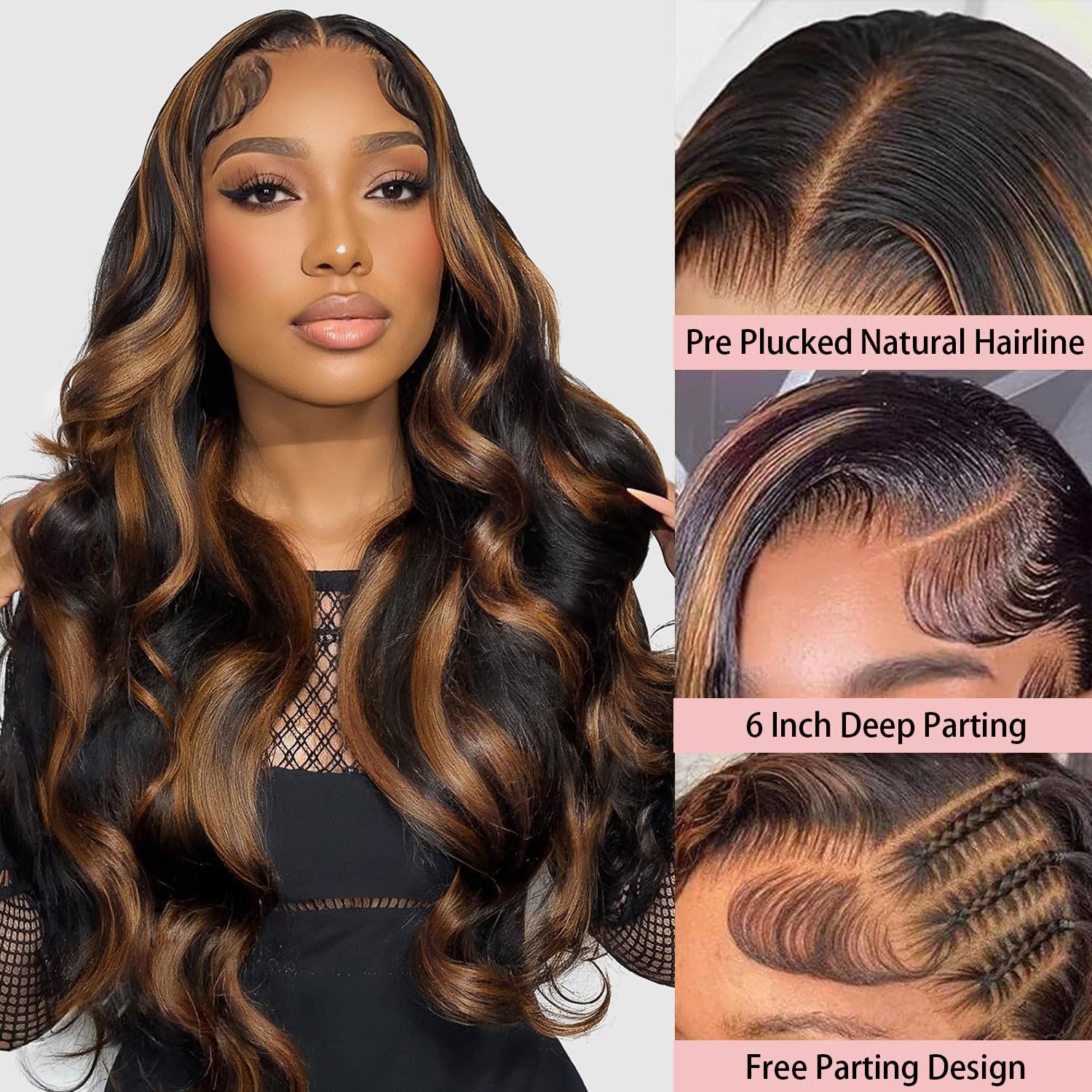 Highlight Ombre Lace Front Wig Human Hair Pre Plucked 200 Density 1B/30 Brown Highlight wig 13x6 Body Wave HD Transparent Lace Frontal Wigs Human Hair Colored 28 Inch Balayage Wig for Women
