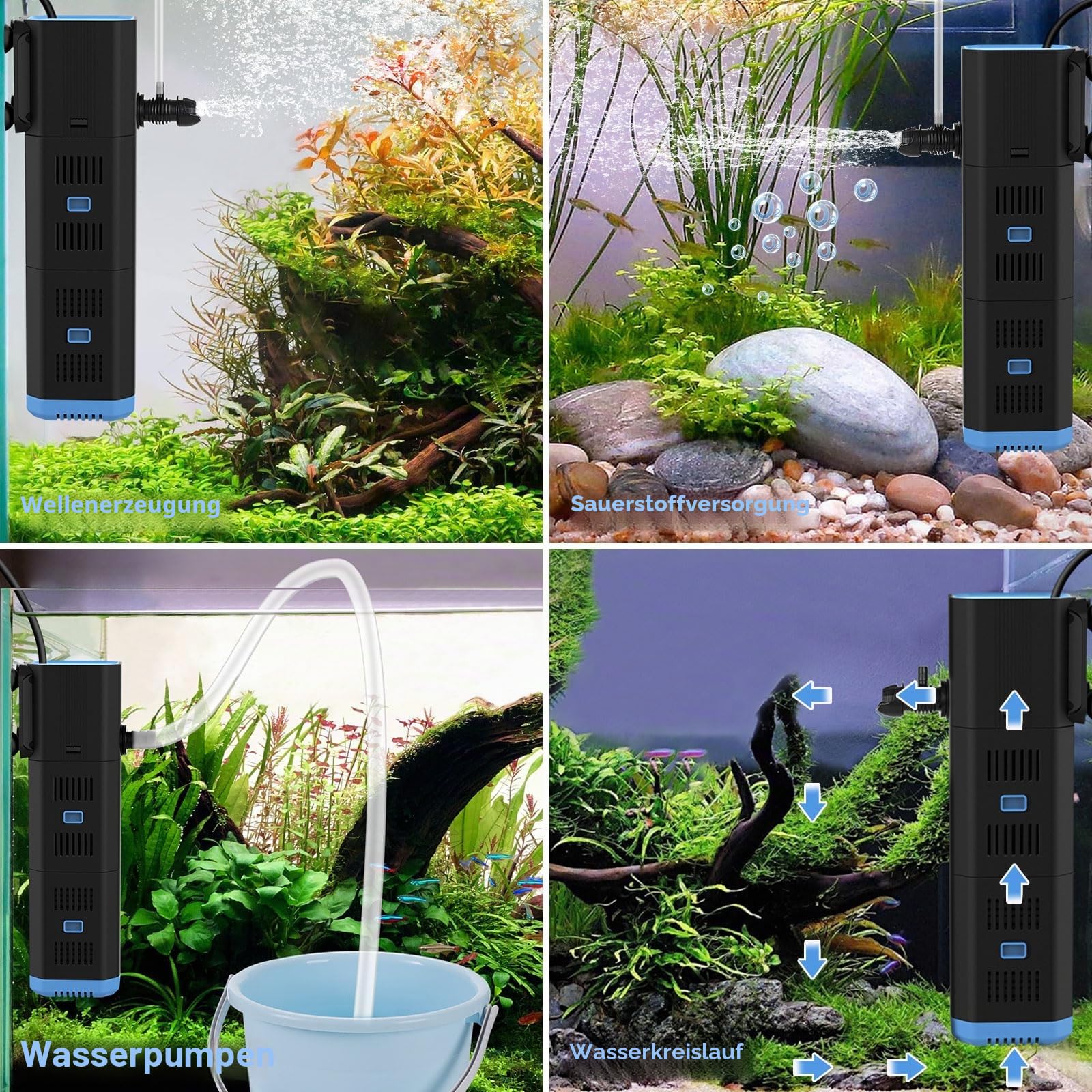 fishkeeper Aquarium Filter, Adjustable 500L/H Aquarium innenfilter für 30L-120L Aquarien, 4-in-1 Aquarium Pumpe mit Filter, Sauerstoff, Wavemaker, Filterschwamm (6W(500L/H,≤120L))