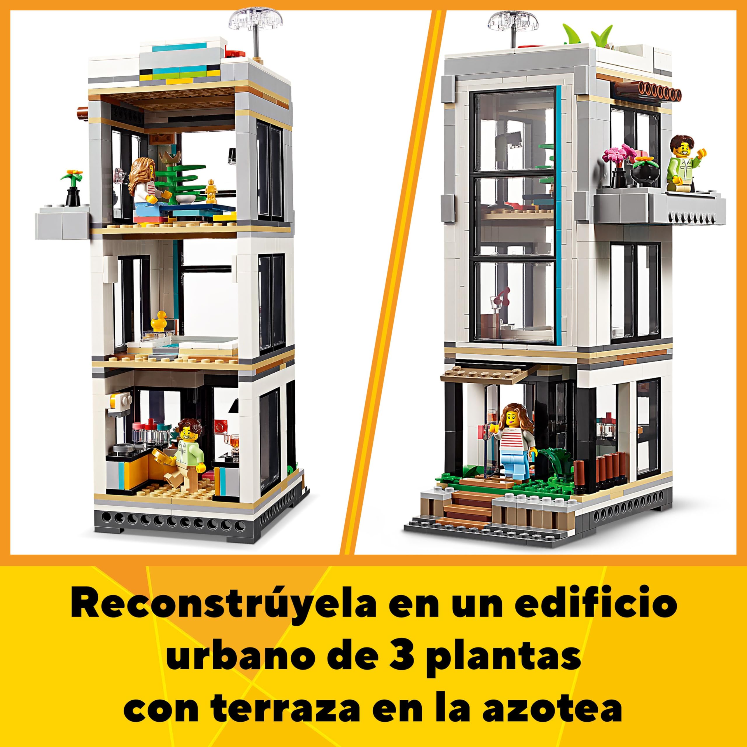 LEGO Creator 3 en 1 Casa Moderna de Juguete Convertible en Edificio de 3 Plantas o Cabaña del Bosque, Kit de Construcción con 2 Minifiguras, Regalo para Niños y Niñas de 9 Años o Más y Artistas 31153