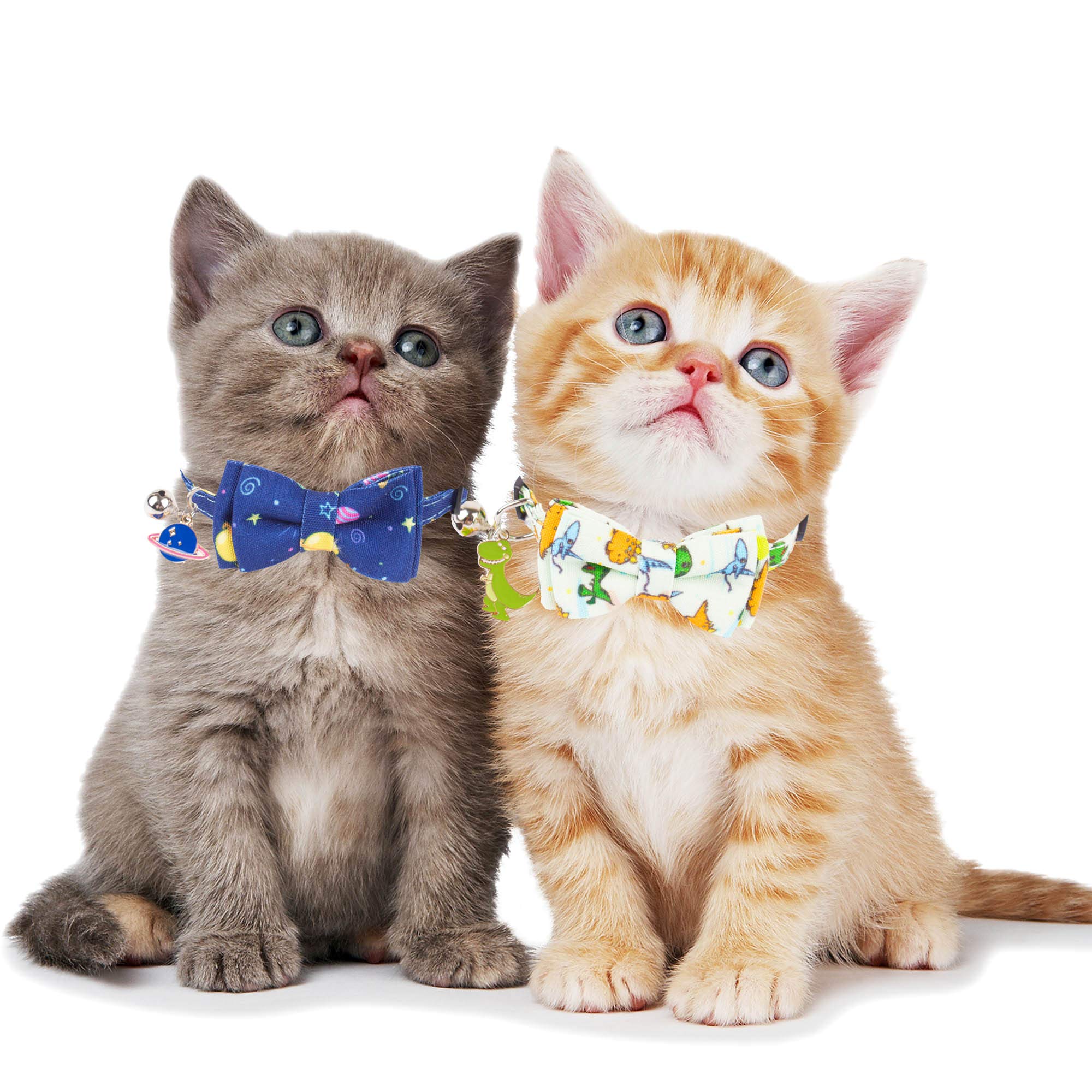 ADOGGYGO Collar de gato con bonita campana de pajarita – Paquete de 2 collares de gatito con pajarita extraíble con patrón de dinosaurio del universo para gato gatito gatito (dinosaurio y universo)