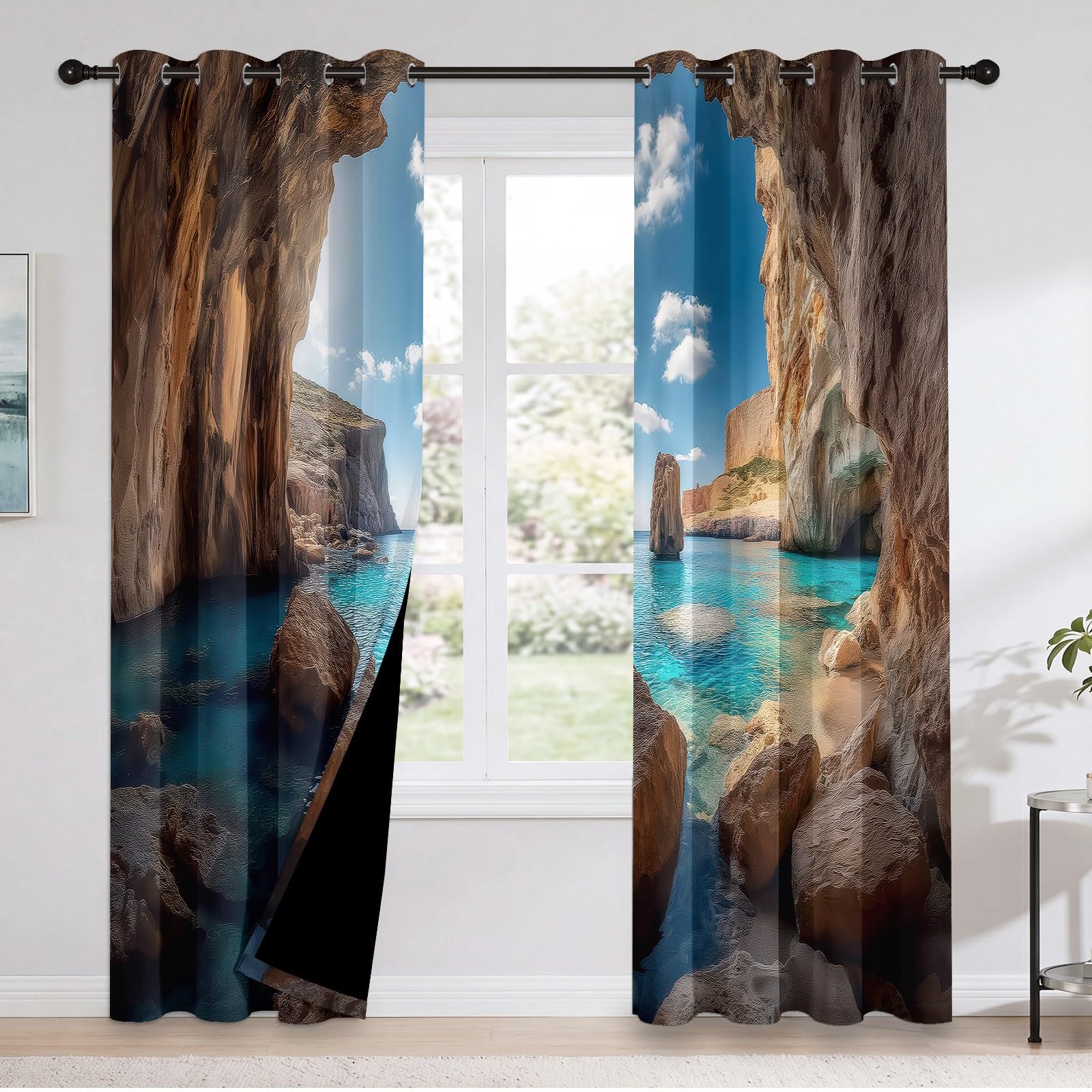 Générique Rideau Occultant Paysage Naturel à Oeillets, Rideaux Thermiques Isolants pour Salon, Grottes Rochers Vagues Nuages Imprimé 3D, Lot de 2 Panneaux 140 X 260 cm (LxH), Décoration de Chambre