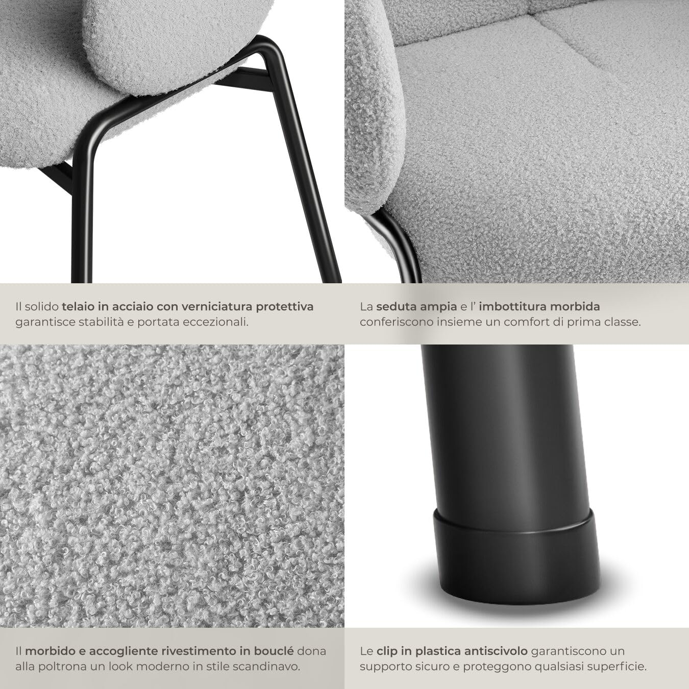 tectake® 1 Poltrona Salotto Stile Scandinavo con Braccioli, Poltrona Relax con Morbida Imbottitura, Tessuto Bouclé, Gambe in Acciaio, Comoda Poltroncina Imbottita da Lettura - Grigio Chiaro