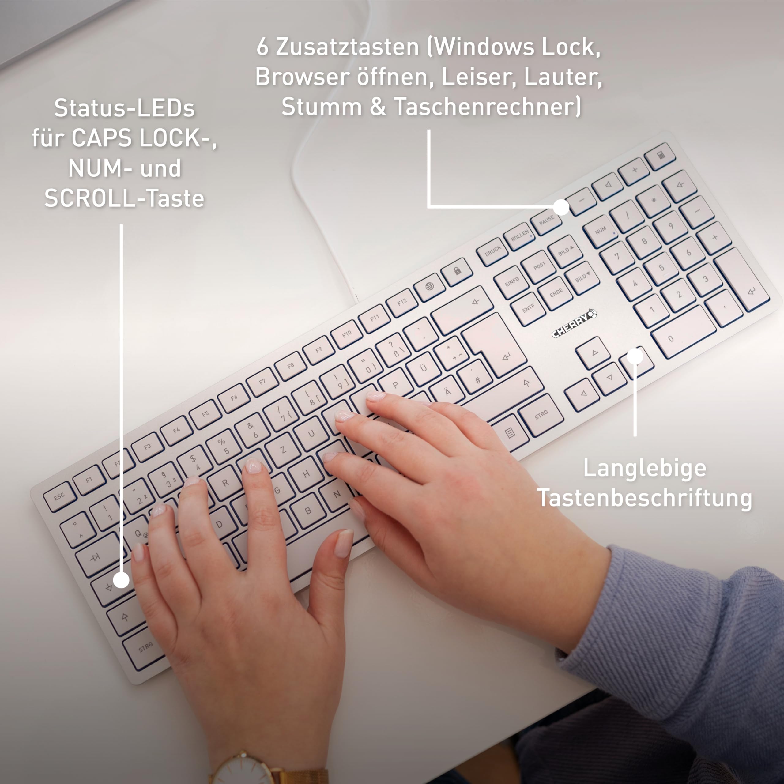 CHERRY KC 6000 Slim, Ultraflache Design-Tastatur, Belgisches Layout (AZERTY), Kabelgebunden (USB-A Anschluss), Leise Tasten, Langlebige Beschriftung, Silber