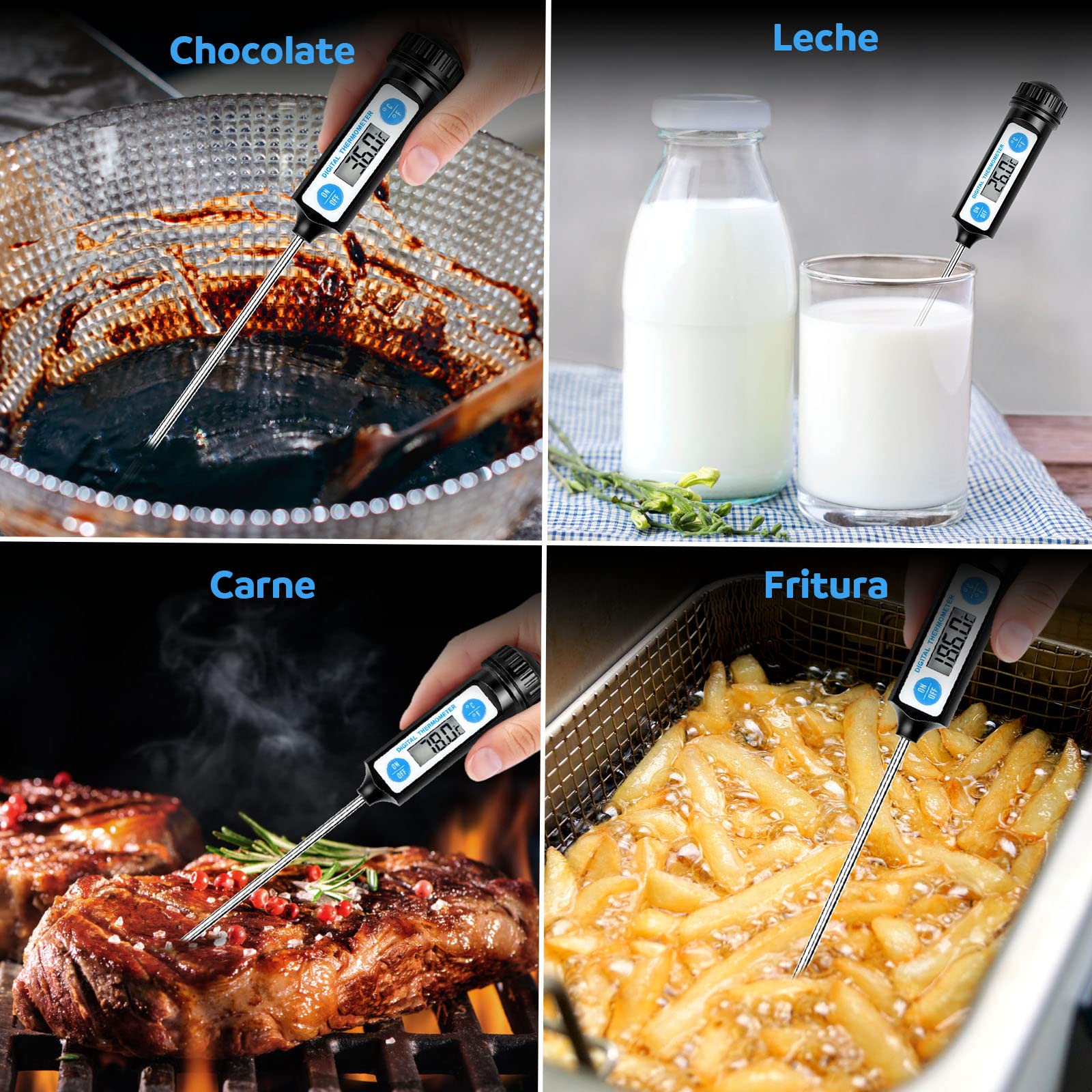 Anpro - Termómetro digital de cocina, con sonda larga y pantalla LCD, para alimentos como carne, aceite, leche, vino, barbacoa y agua caliente, negro