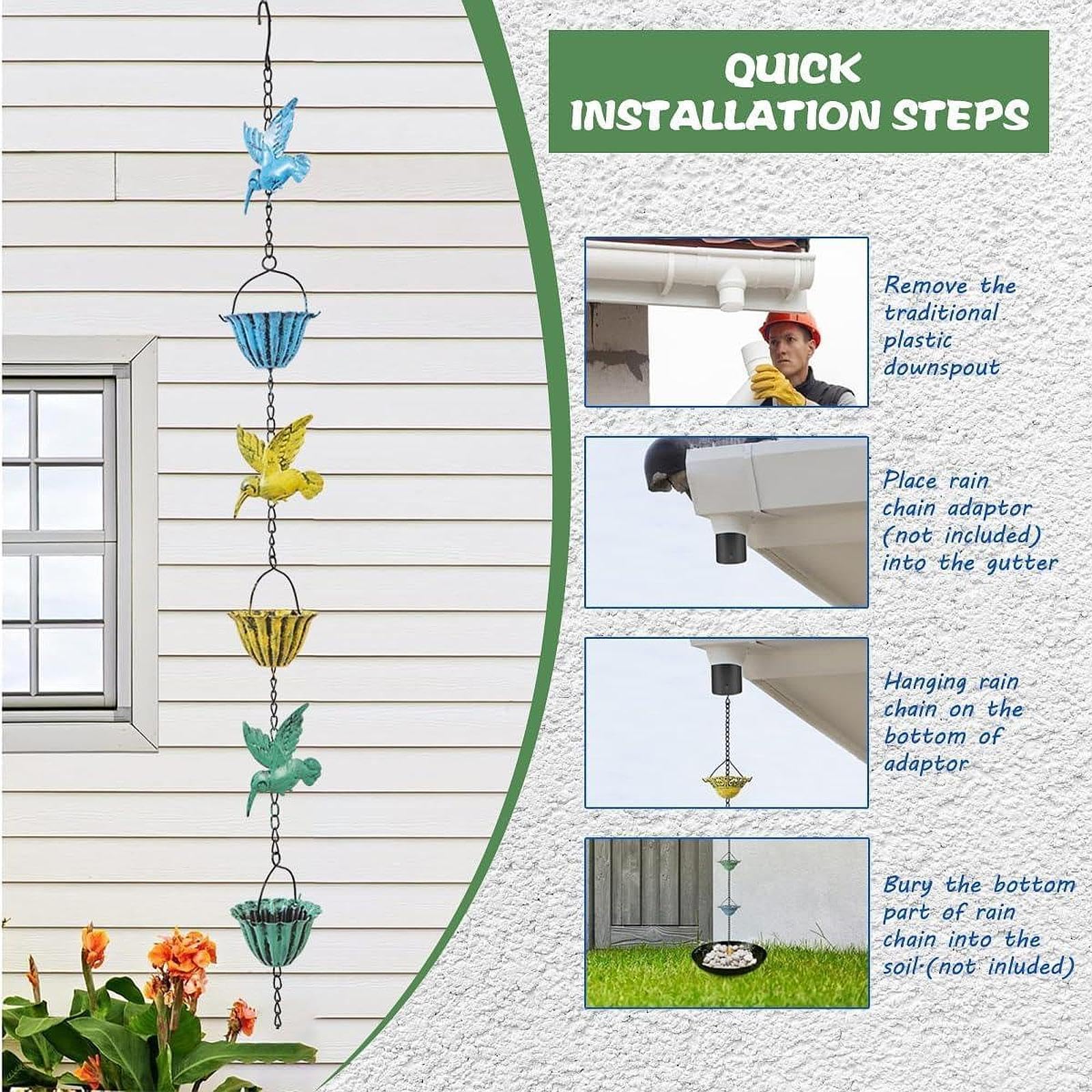 Chaîne de Pluie Hummingbird Ornement de Jardin Métal Antirouille Remplacement de Tuyau Pluviale Décoration Suspendue Adaptée à Cour