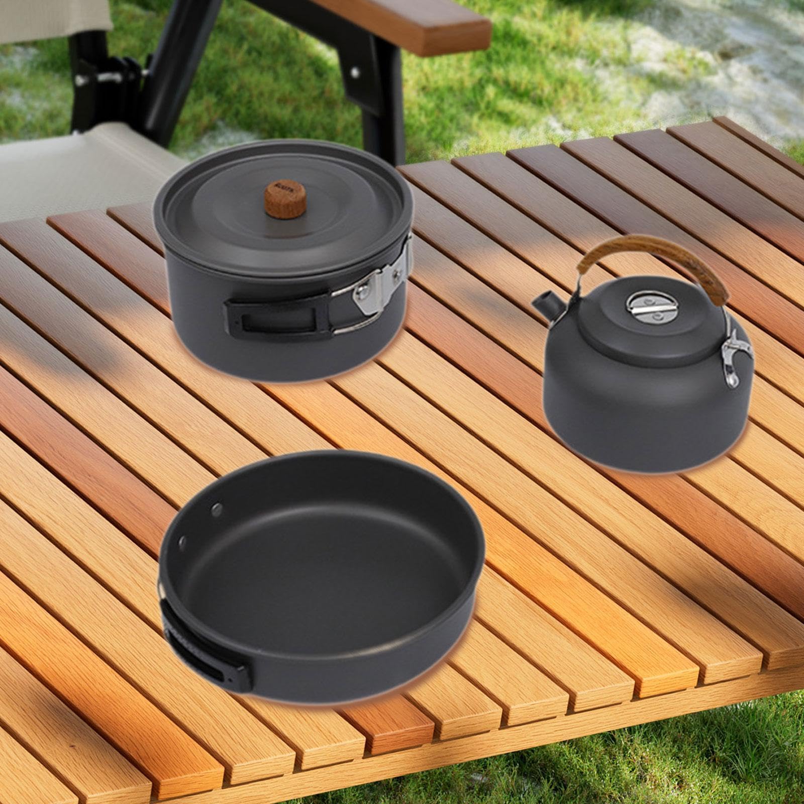 Set di pentole da campeggio, pentola da campeggio, padella, bollitore, manico piegato, attrezzatura da cucina portatile da campeggio per barbecue, picnic, pesca, cucina