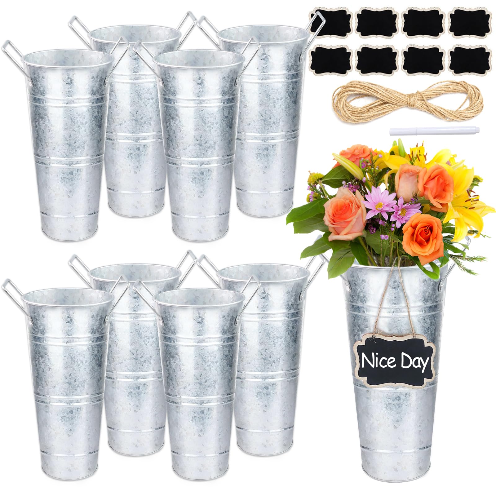 Youdaju 8 Set Galvanized 10 Inch Metal Vases for Flowers, Rustic Flower Bucket Vases with Small Chalkboard Label, Perfect for Home Garden Wedding