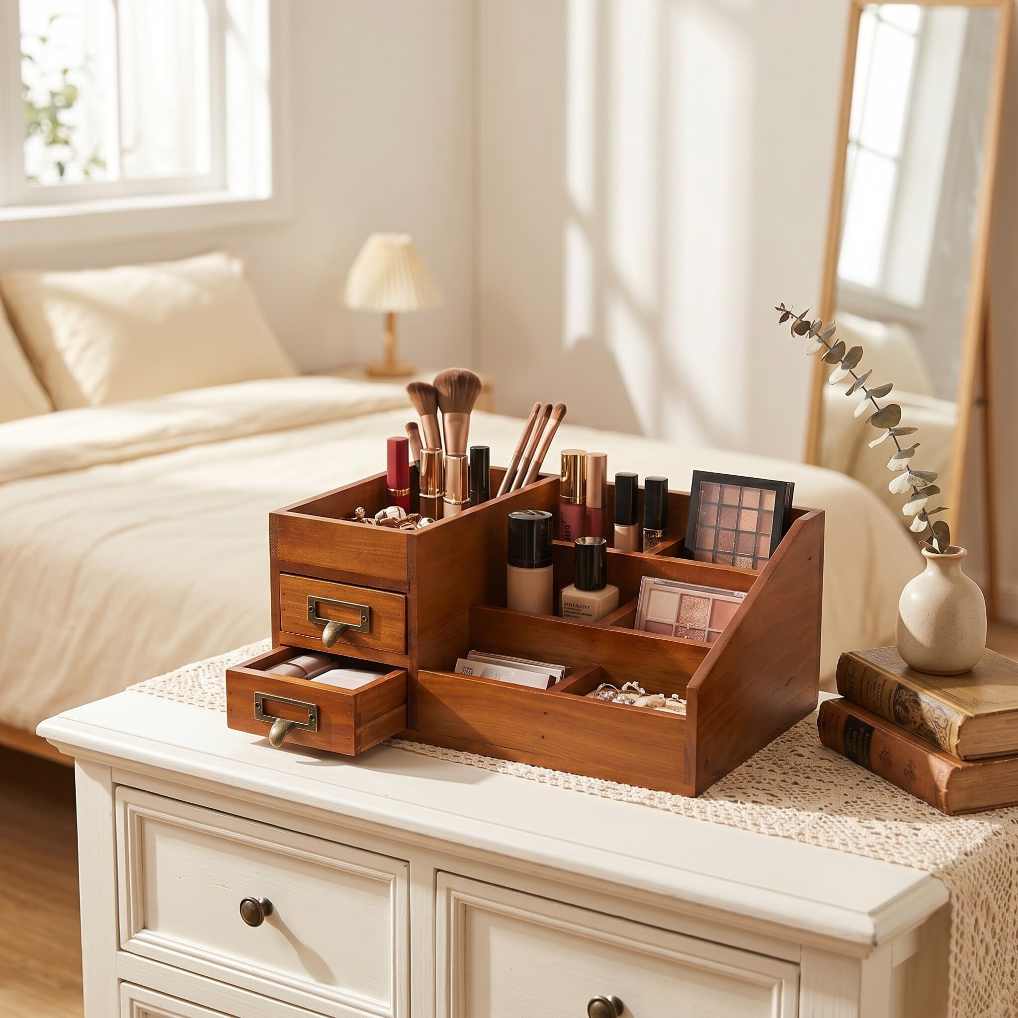 Pssopp Holz Make up Organizer Kosmetik Organizer DIY Makeup Aufbewahrungsbox Schreibtischorganizer Aufbewahrungsbox für Schminke Badezimmer Dresser Bad Schlafzimmer