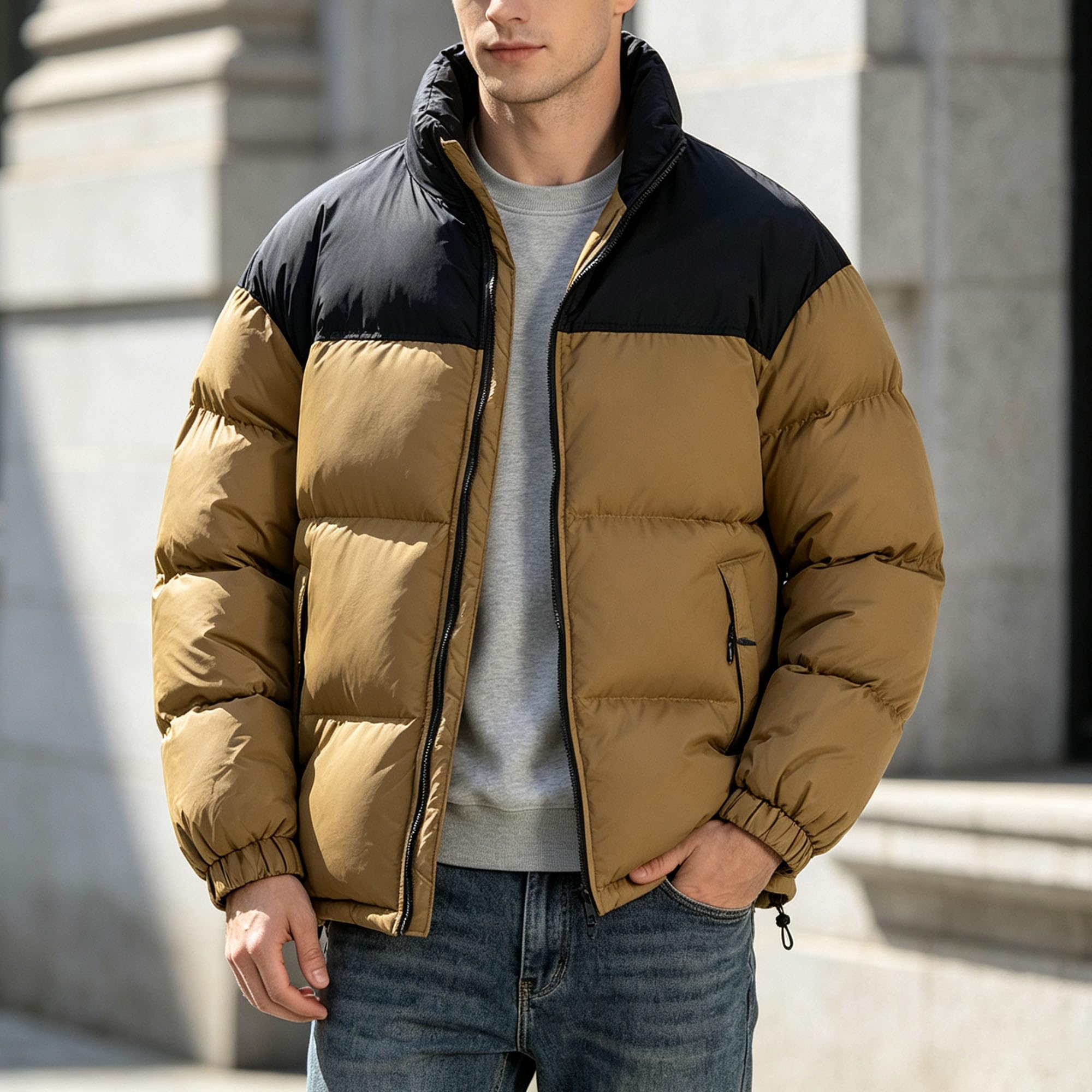 Herren-Winterjacke mit Stehkragen, lockere warme Jacke mit Farbblockierung