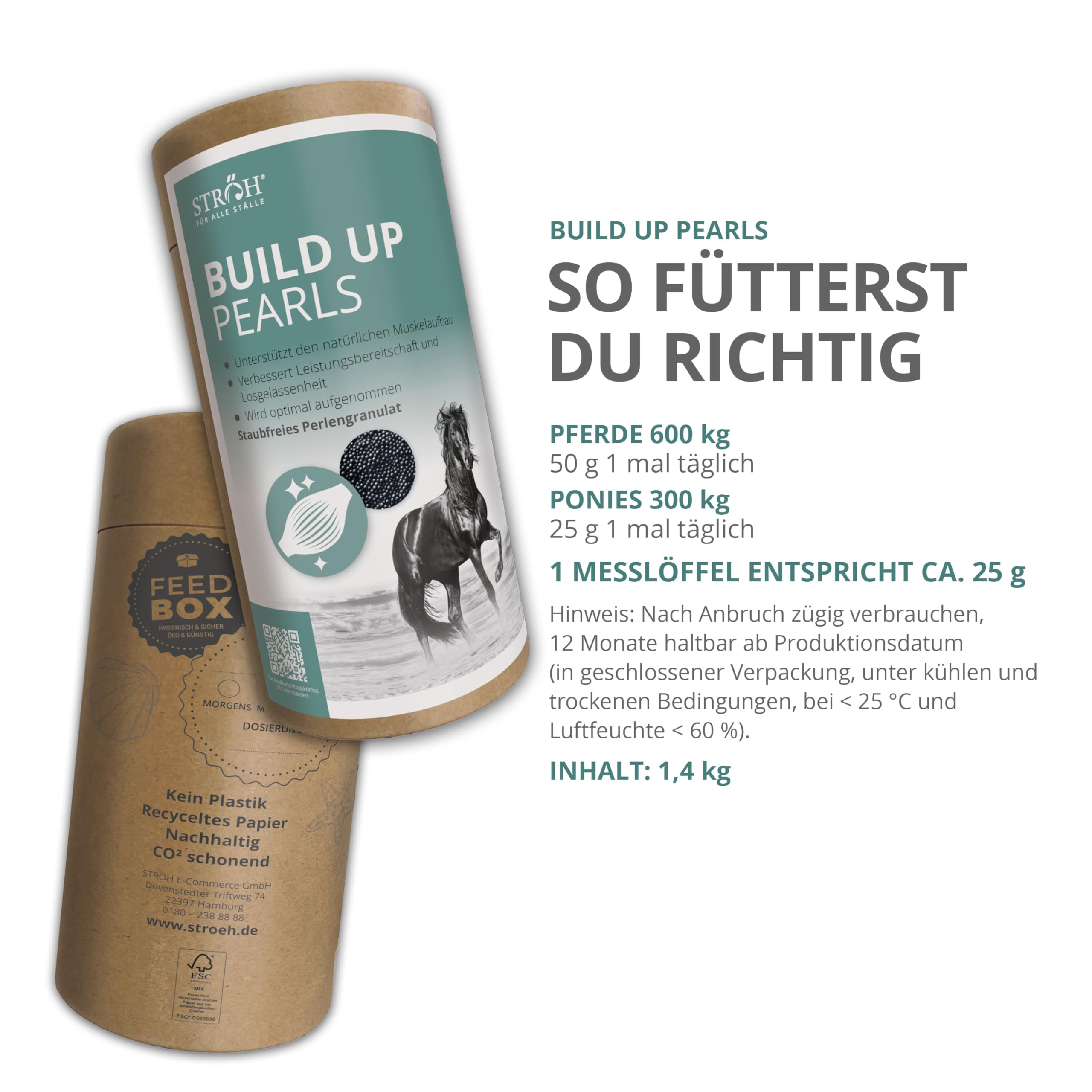 STRÖH Build Up Pearls für Pferde (1,4 kg Feedbox Dose) • Für Muskelaufbau & Kondition • Aminosäuren-Komplex mit Vitaminen • Unterstützt Regeneration & Leistung • Für Sport- & Freizeitpferde