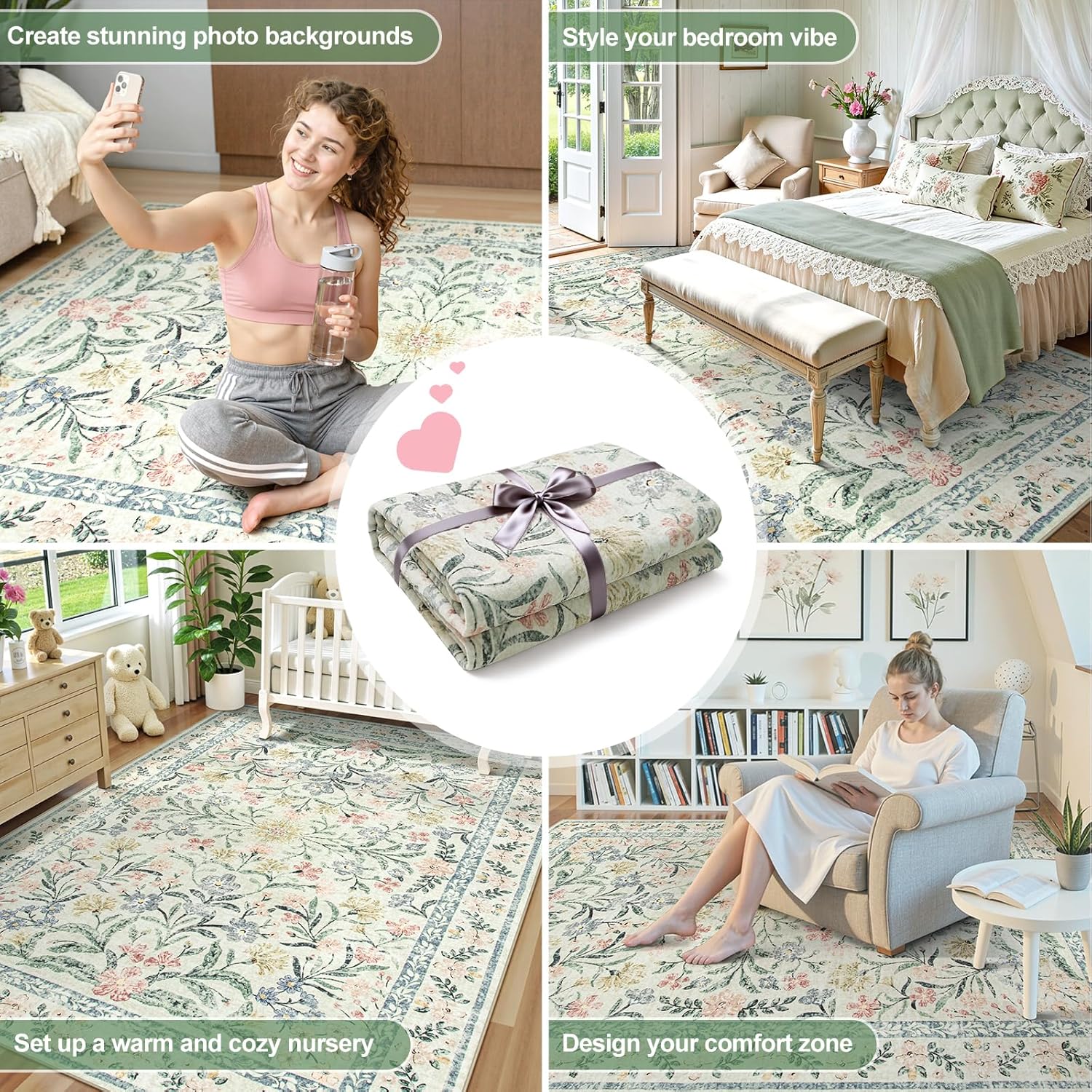 Wonnitar Boho Floral Washable Rugs 5x7, Soft Area Rugs for Bedroom, Ultra-Thin Non Slip Beige Area Carpets, Flower Print Decor Carpet for Living Room Nursery Dining Room Office