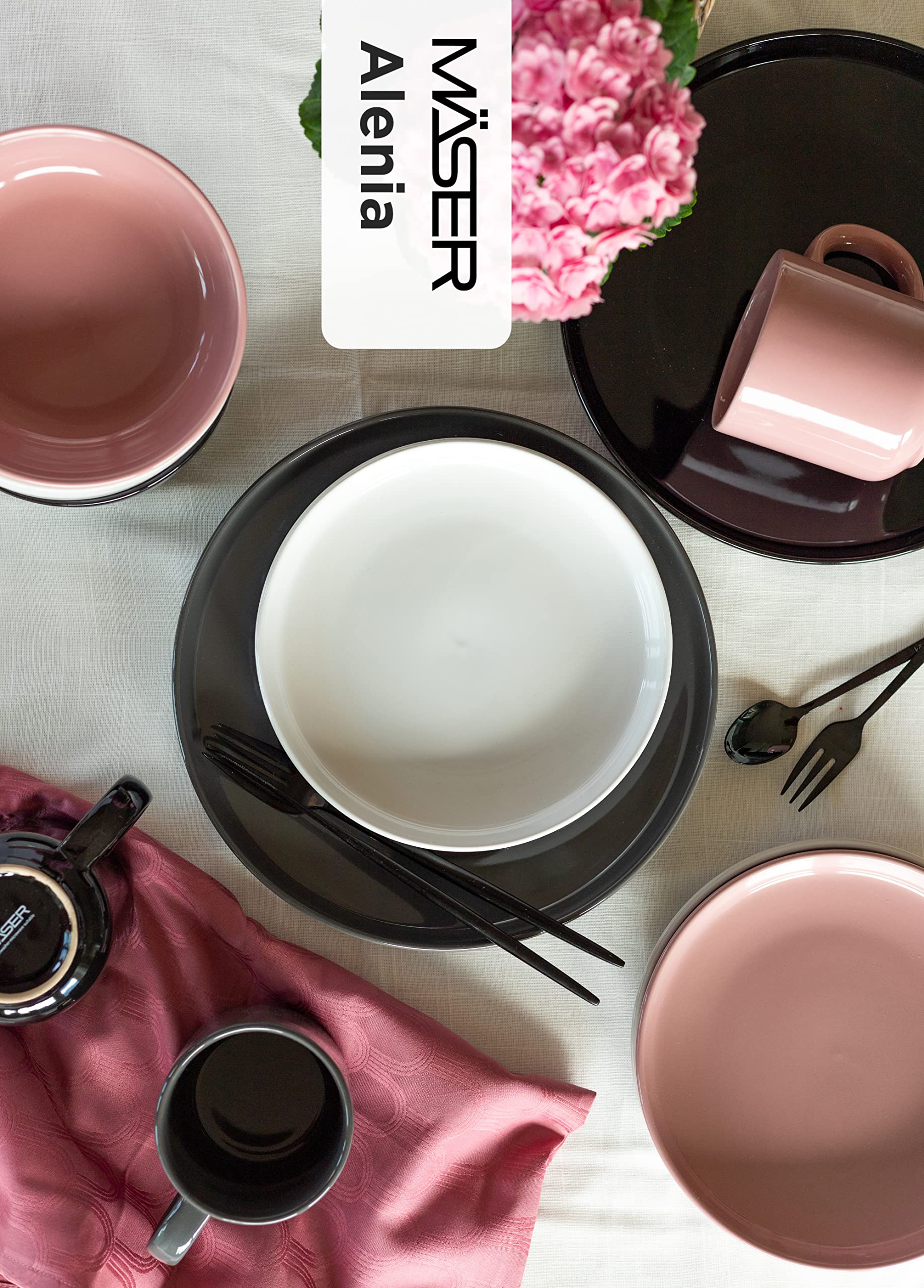 MÄSER 934005 Serie Alenia - Vajilla para 4 personas con diseño moderno escandinavo, 16 piezas de cerámica en color rosa, gres