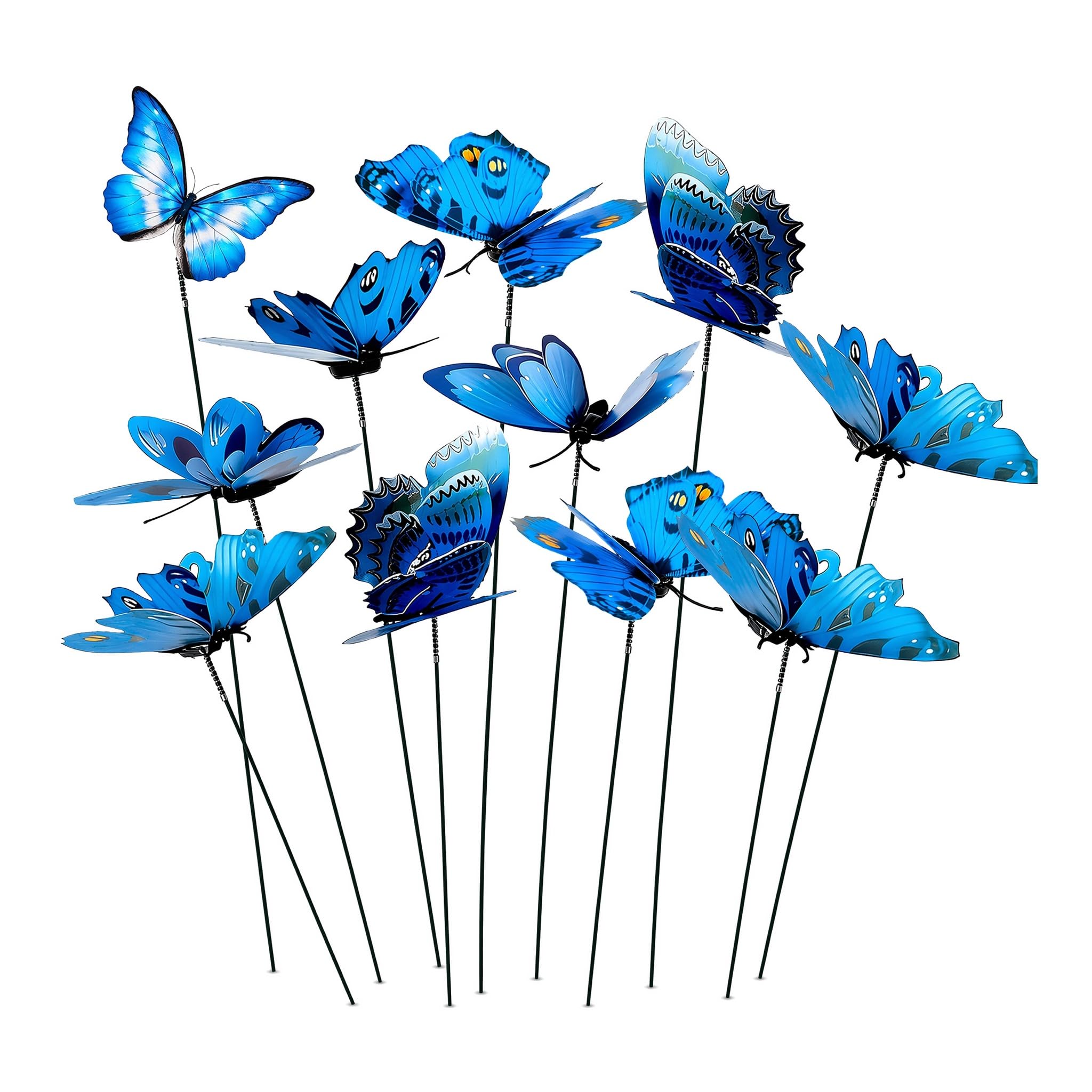 QIANSSE 10 Pack 3D Double Layer Blue Butterfly Stakes Garden Decor Random