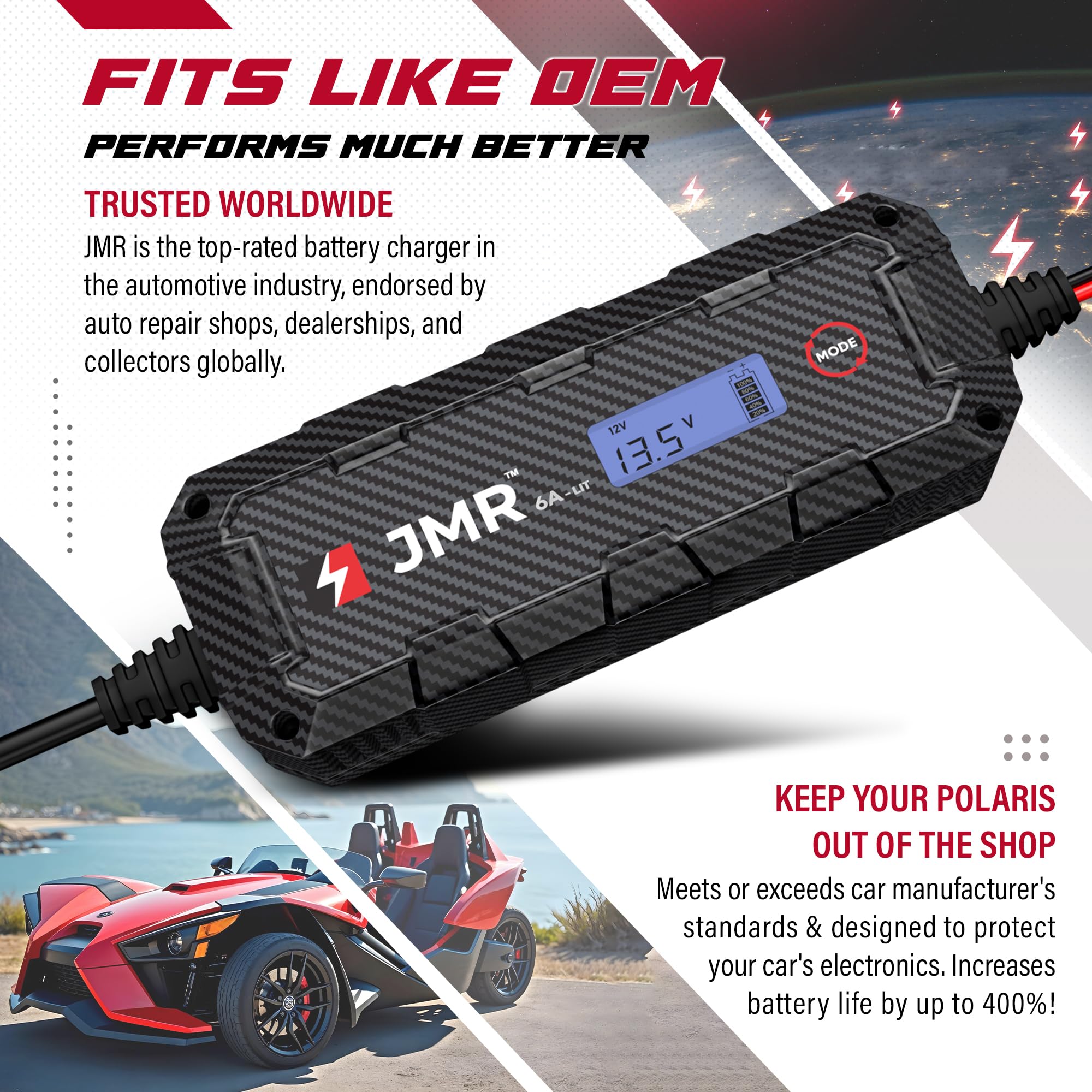JMR Battery Charger for Polaris Slingshot Ranger RZR Xpedition General Sportsman All Models Trickle Charger Conditioner Maintainer (Add Lithium Mode)