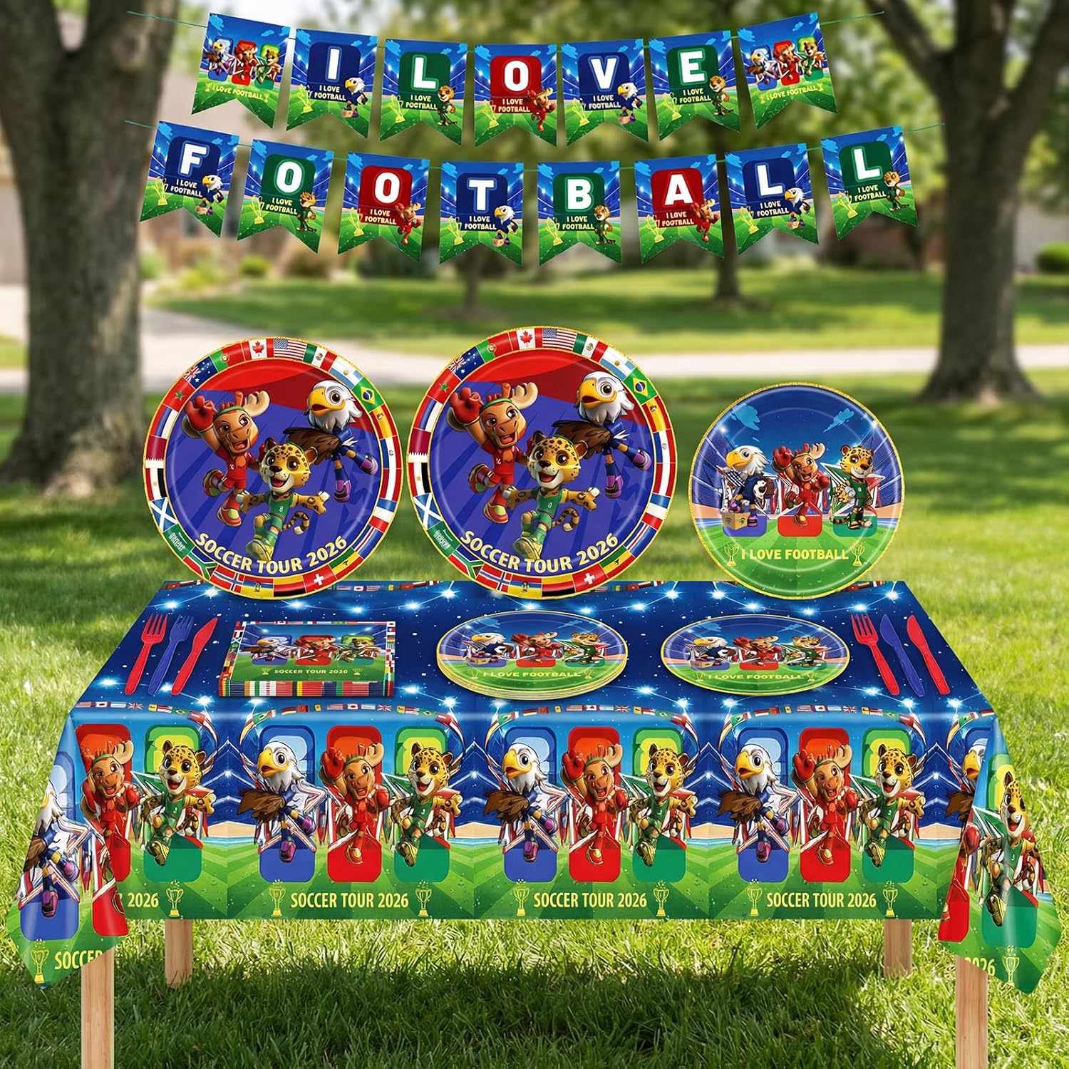 World Cup 2026 Mascot Soccer Party Decorations Kit, Mascot Football Theme Birthday Decorations with Plates, Napkins, Knives, Forks, Tablecloth, Pennants for Game Day Supplies Serves 20