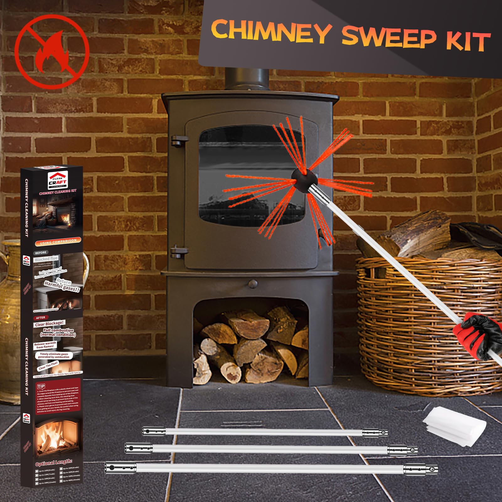 Kit de barrido de chimenea de 46 pies, kit de limpieza de chimenea con 14 varillas de chimenea blancas flexibles